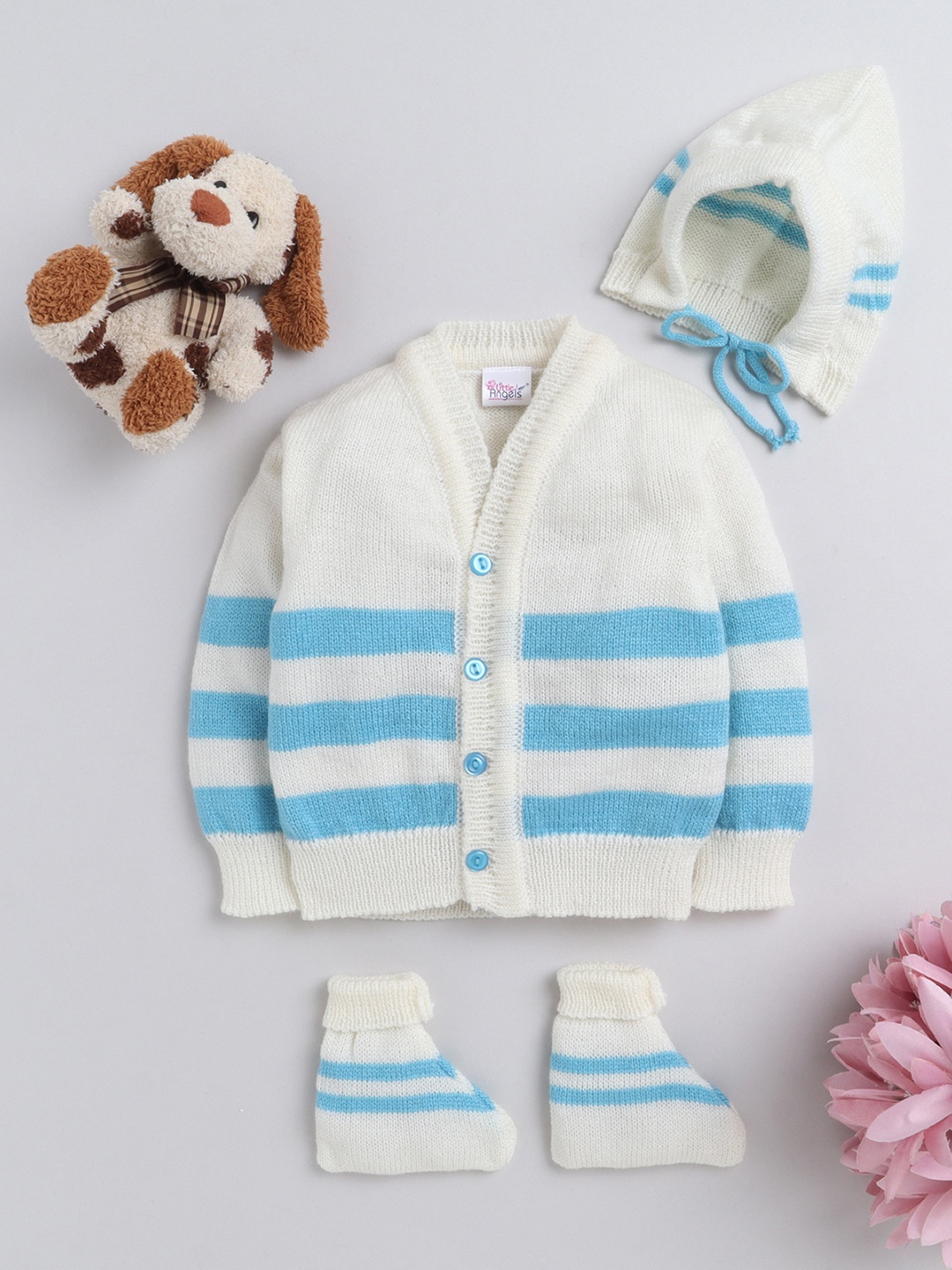 

Little Angels Kids V Neck Long Sleeves Striped Sweater with Cap & Socks, White