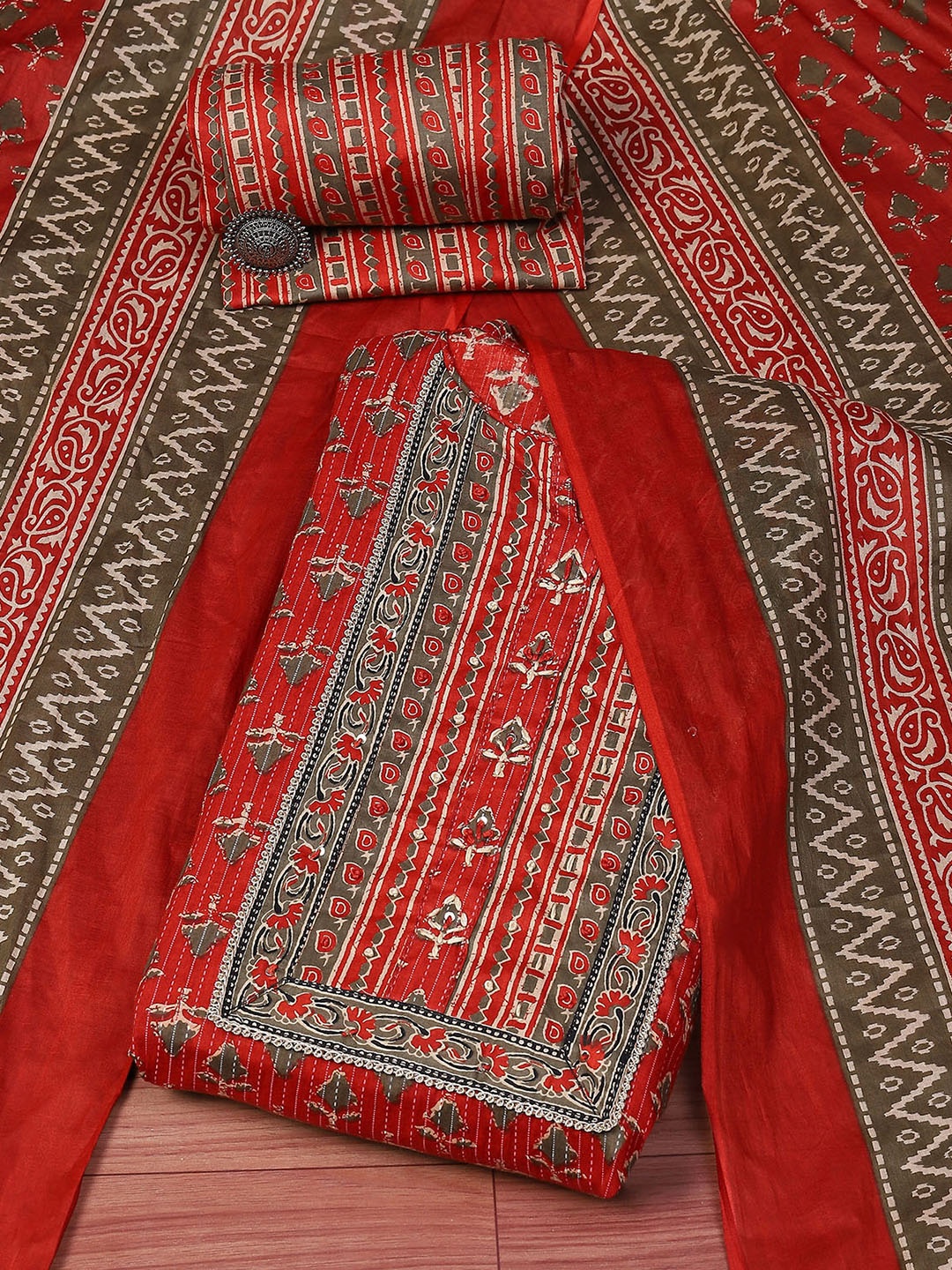 

Biba Ethnic Motifs Printed Cotton Unstitched Dress Material, Red