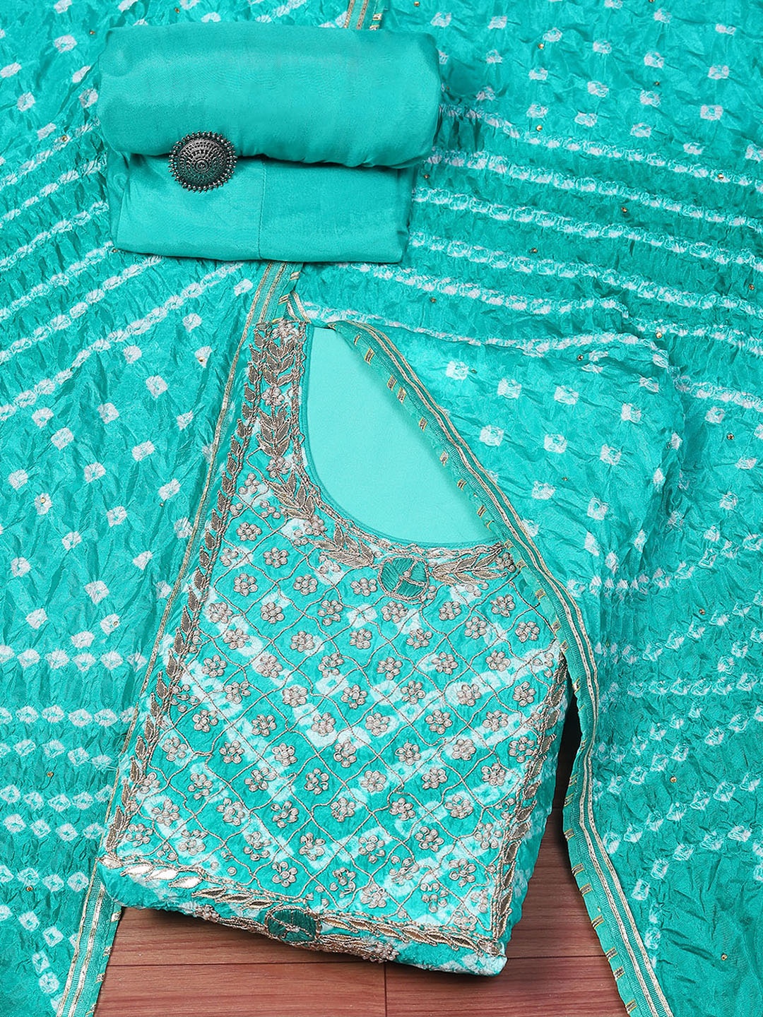 

Biba Bandhani Printed Gotta Patti Unstitched Dress Material, Blue