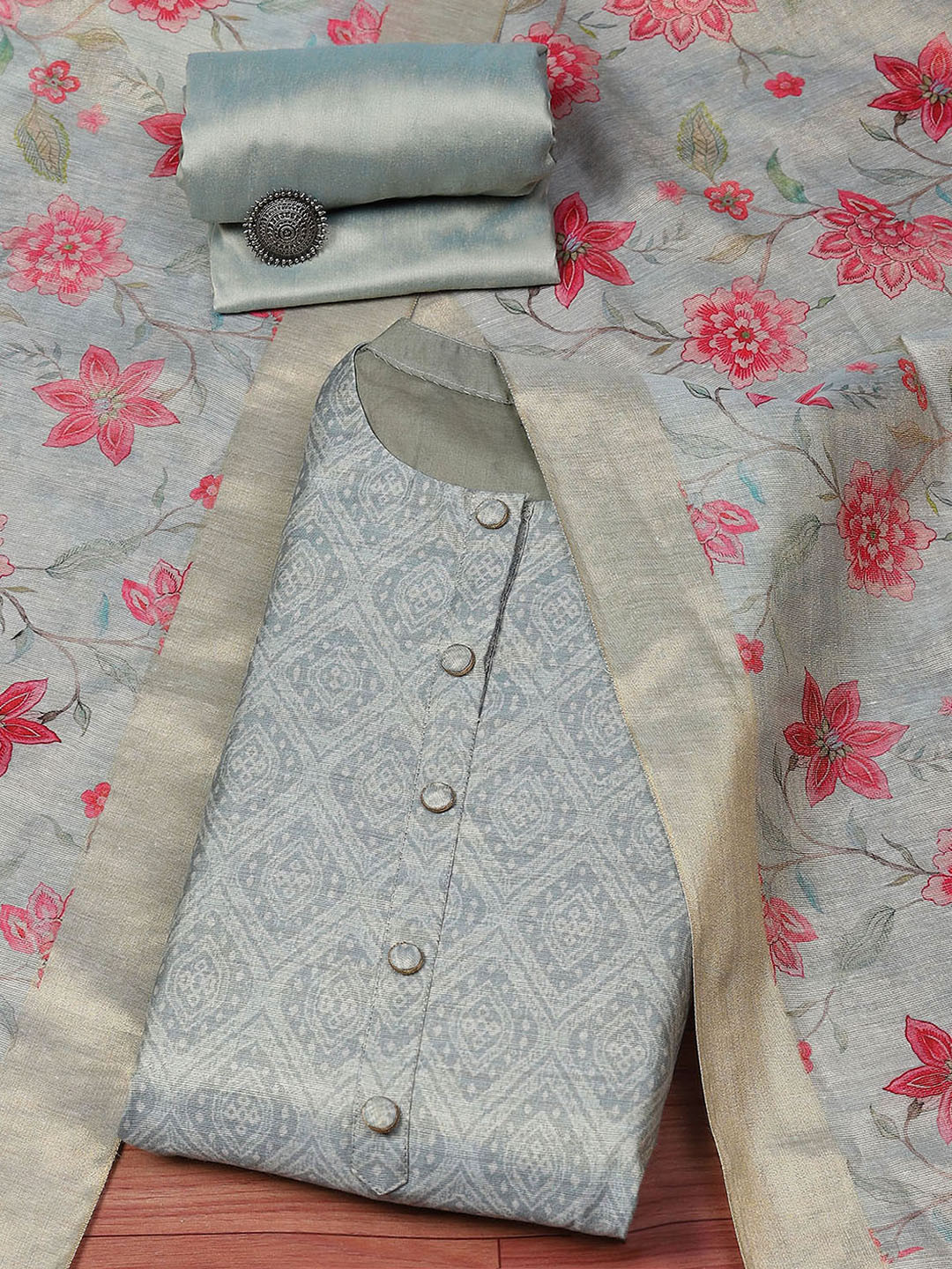 

Biba Ethnic Motifs Zari Printed Unstitched Dress Material, Blue
