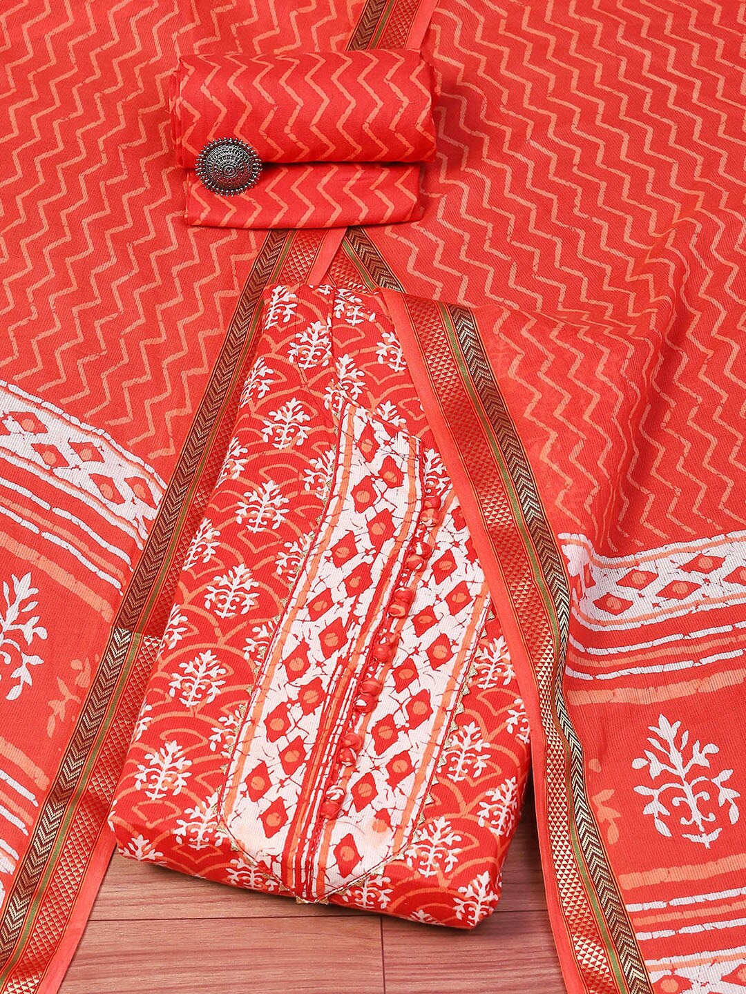 

Biba Ethnic Motifs Printed Gotta Patti Unstitched Dress Material, Rust