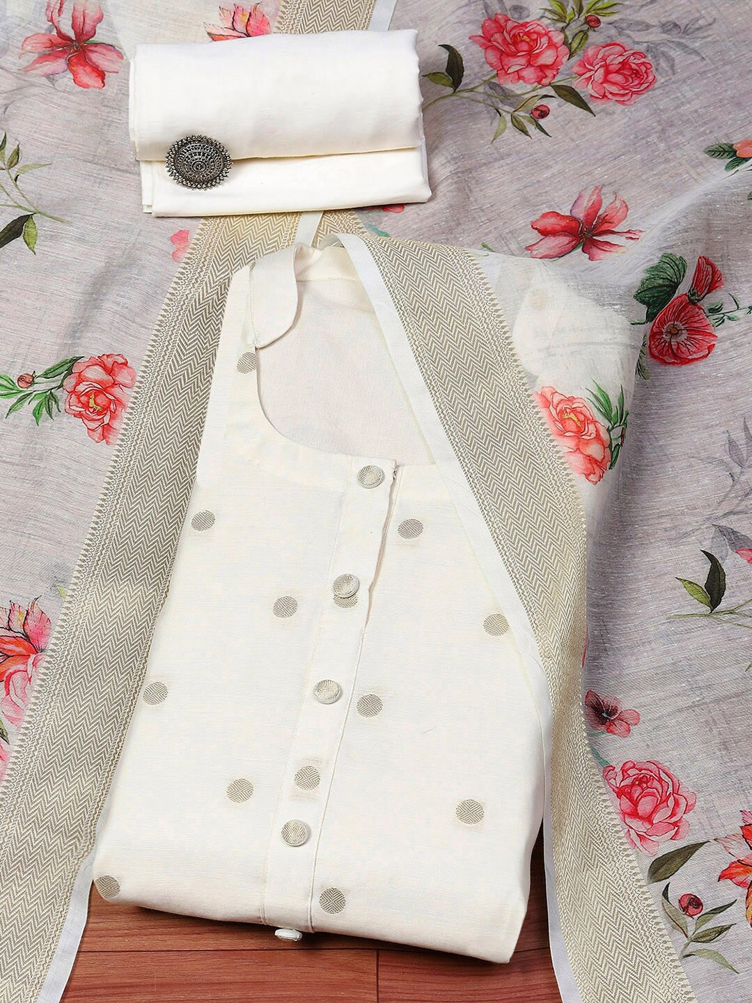 

Biba Polka Dot Woven Design Unstitched Dress Material, Off white