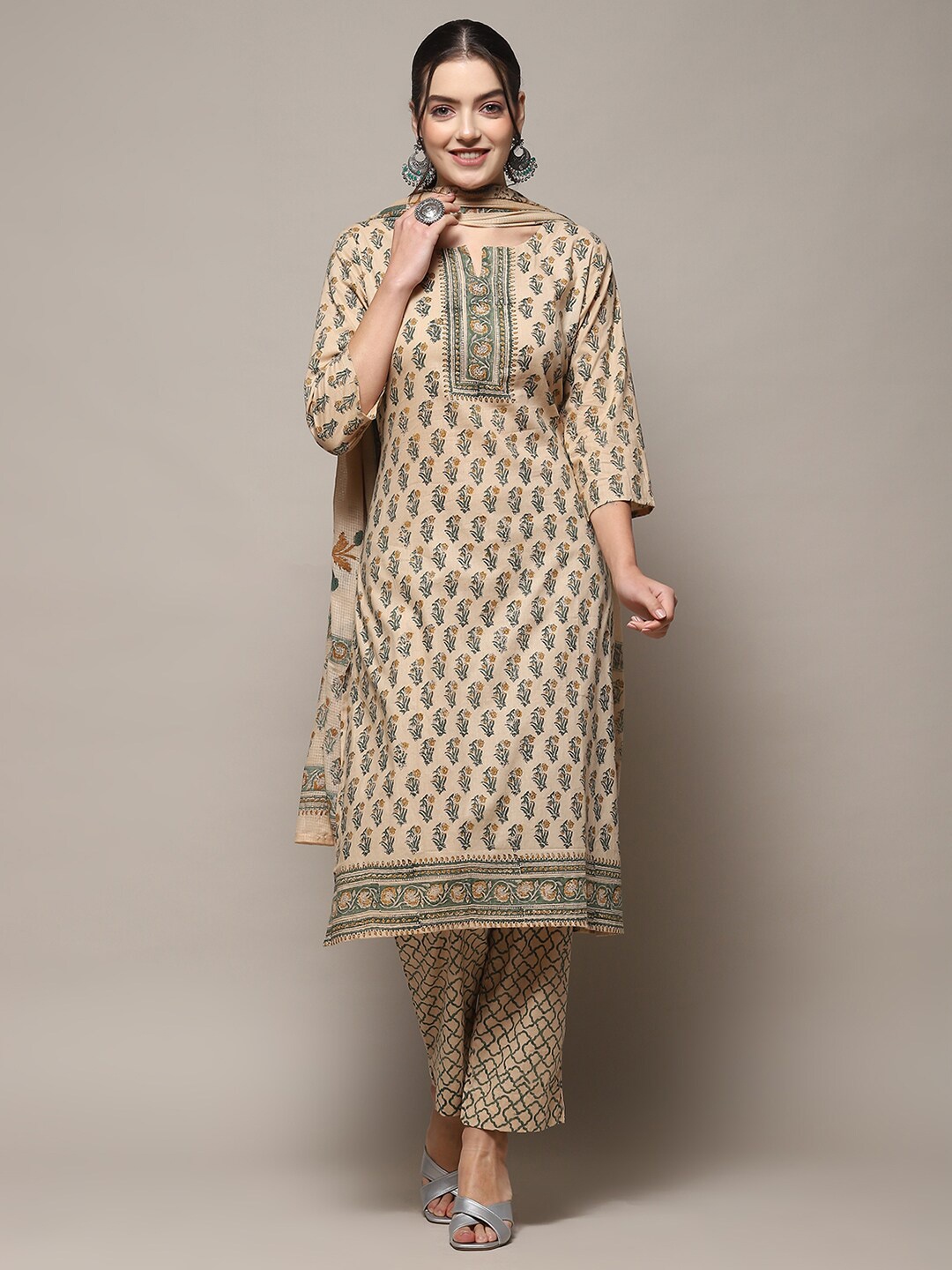 

Biba Floral Printed Unstitched Dress Material, Olive
