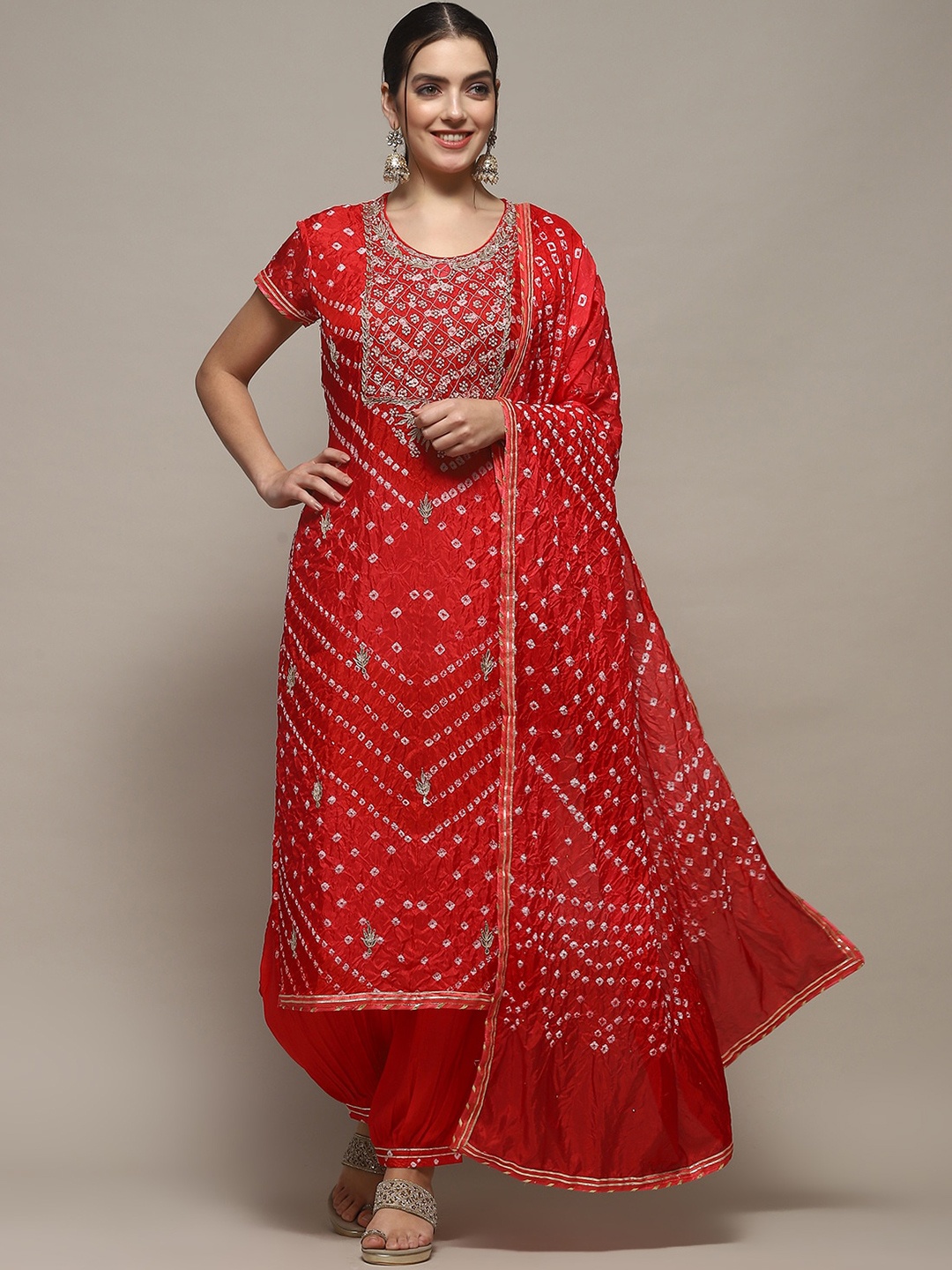 

Biba Bandhani Printed Unstitched Dress Material, Red