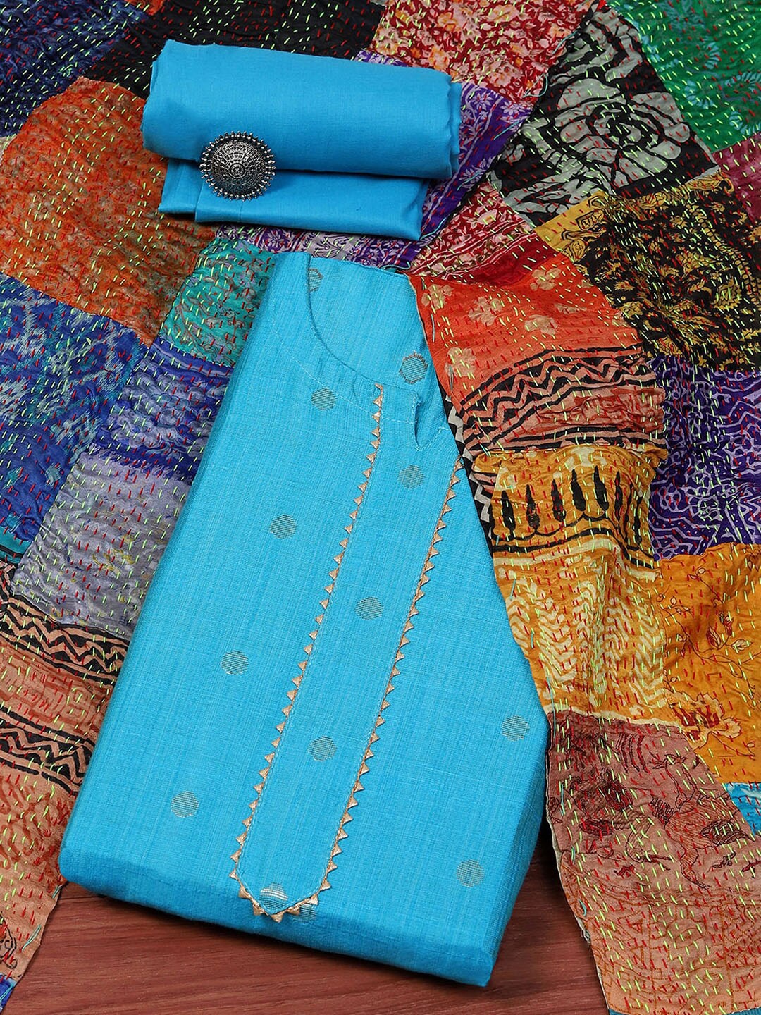 

Biba Geometric Printed Gotta Patti Round Neck Unstitched Dress Material, Blue