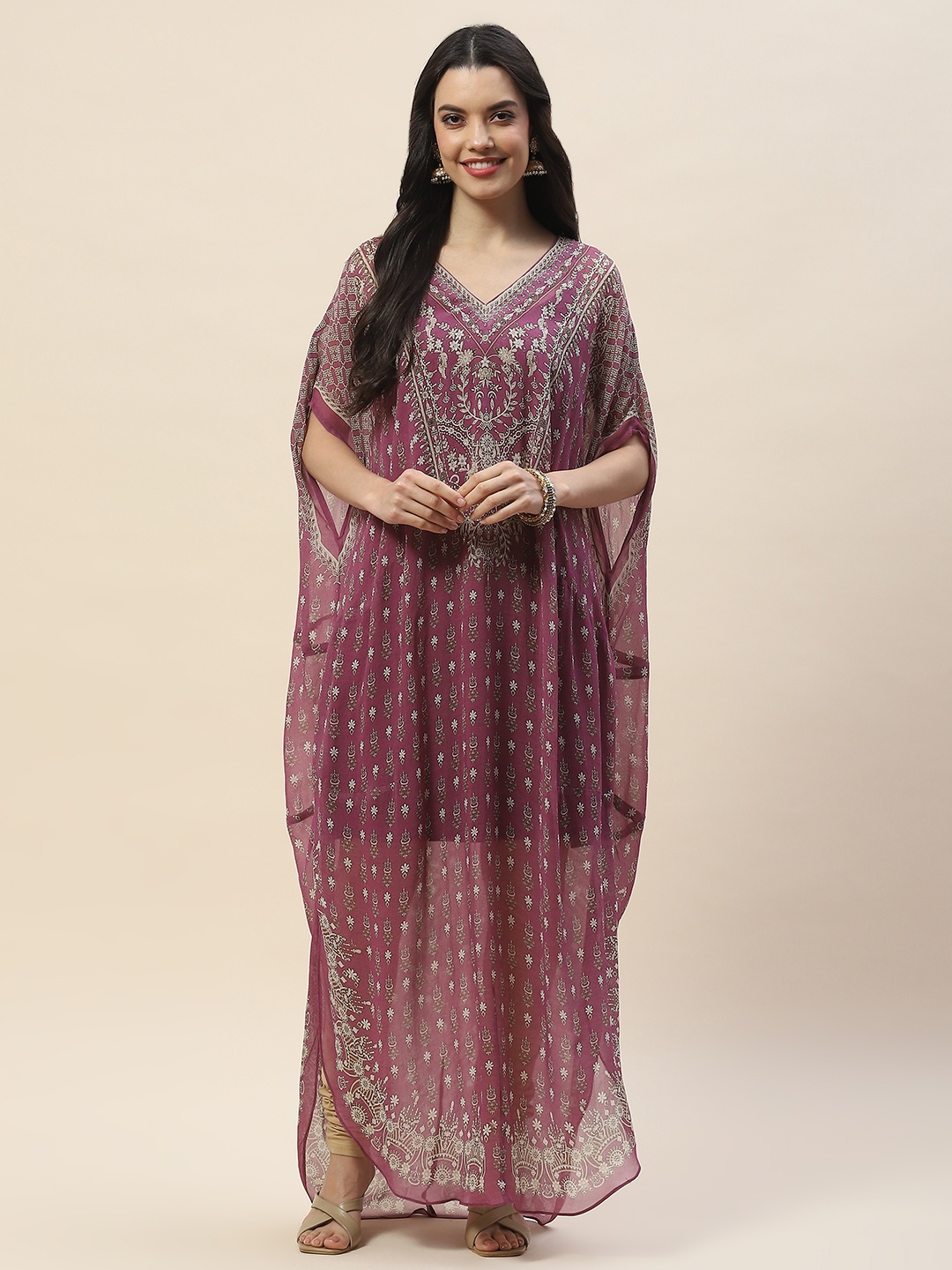 

Meena Bazaar Ethnic motif Printed V Neck Short Flared Sleeves Kaftan Kurta, Purple