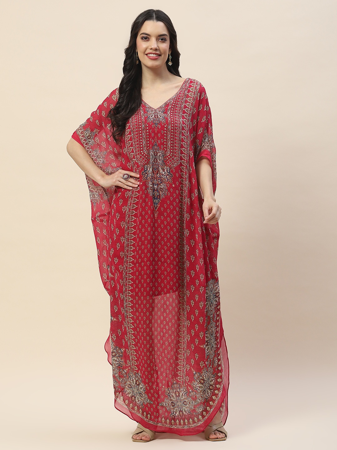 

Meena Bazaar Ethnic Motifs Printed V-Neck Flared Sleeves Georgette Kaftan Kurta With Inner, Pink