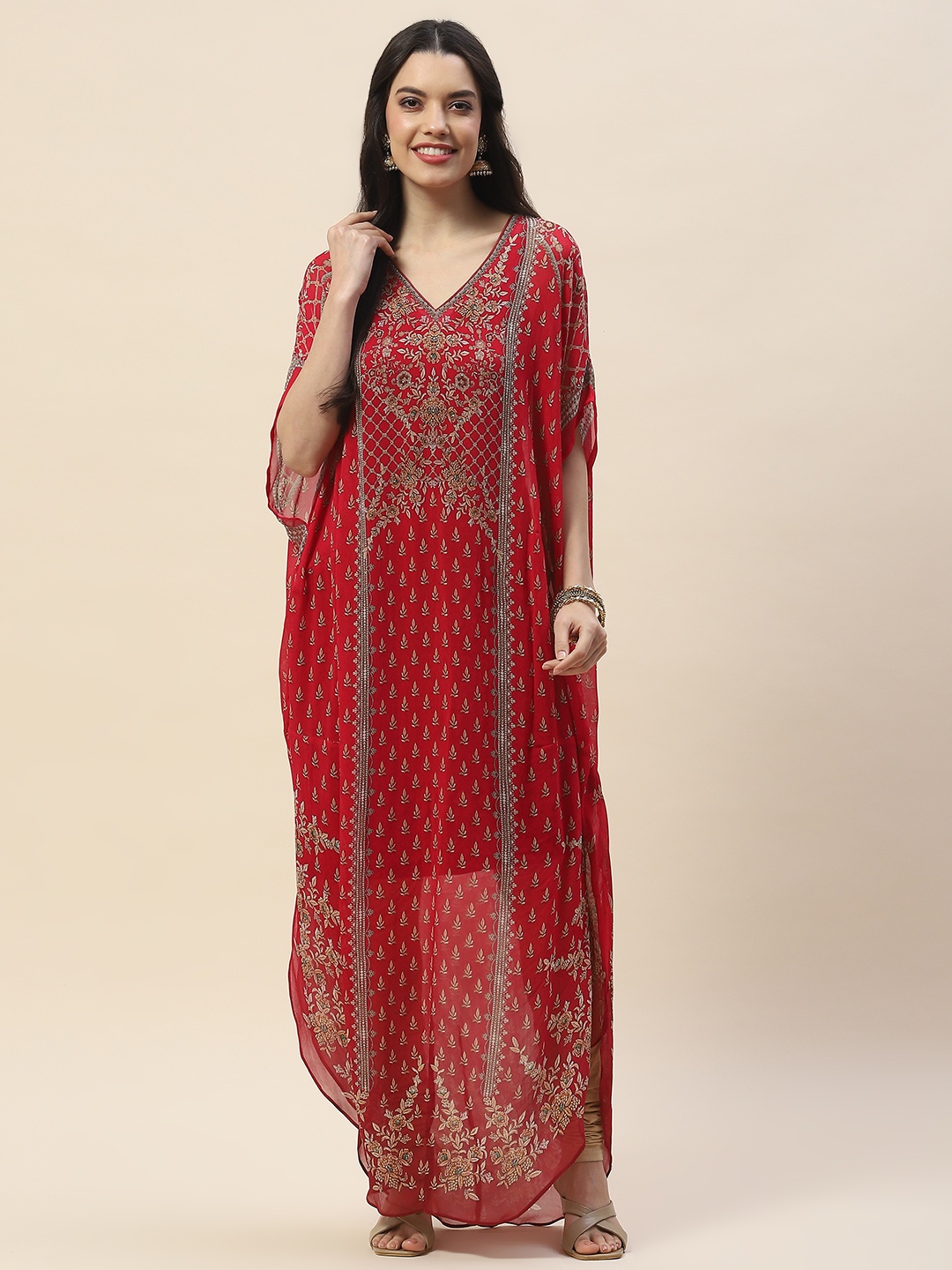 

Meena Bazaar V Neck Extended Sleeves Bead & Stones Work Georgette Anarkali Kurta, Red