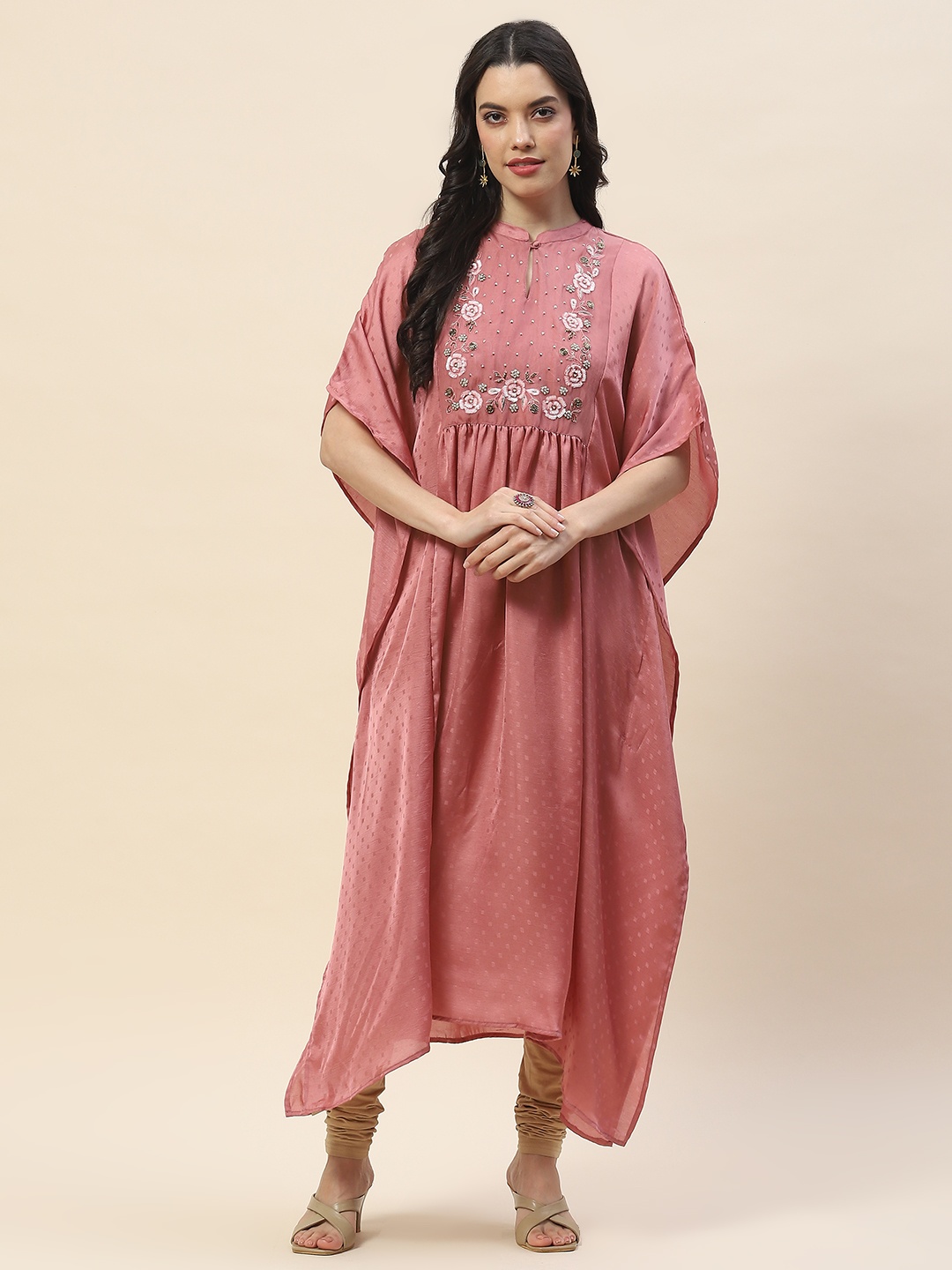 

Meena Bazaar Yoke Design Flared Sleeves Cotton Thread Work Anarkali Kurta, Rose