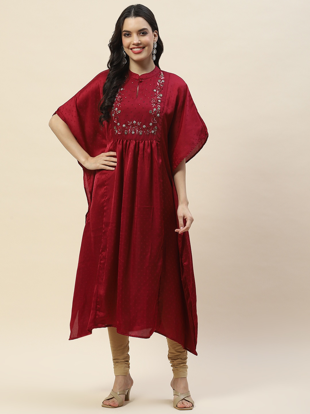 

Meena Bazaar Floral Embroidered Keyhole Neck Flared Sleeves Sequins Kaftan Kurta, Burgundy