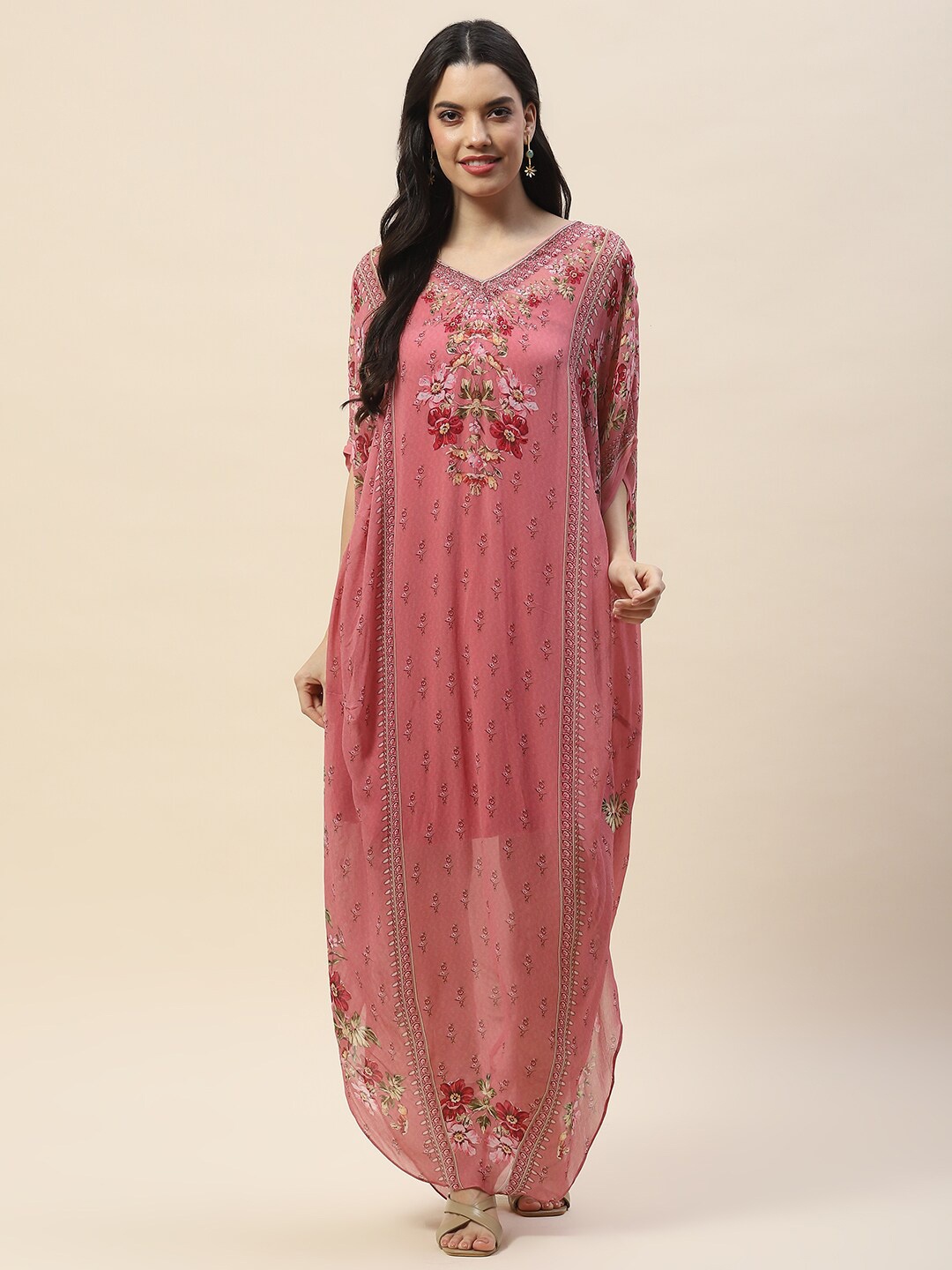 

Meena Bazaar Ethnic Motifs Embroidered Flared Sleeves Sequinned Georgette Kurta, Pink