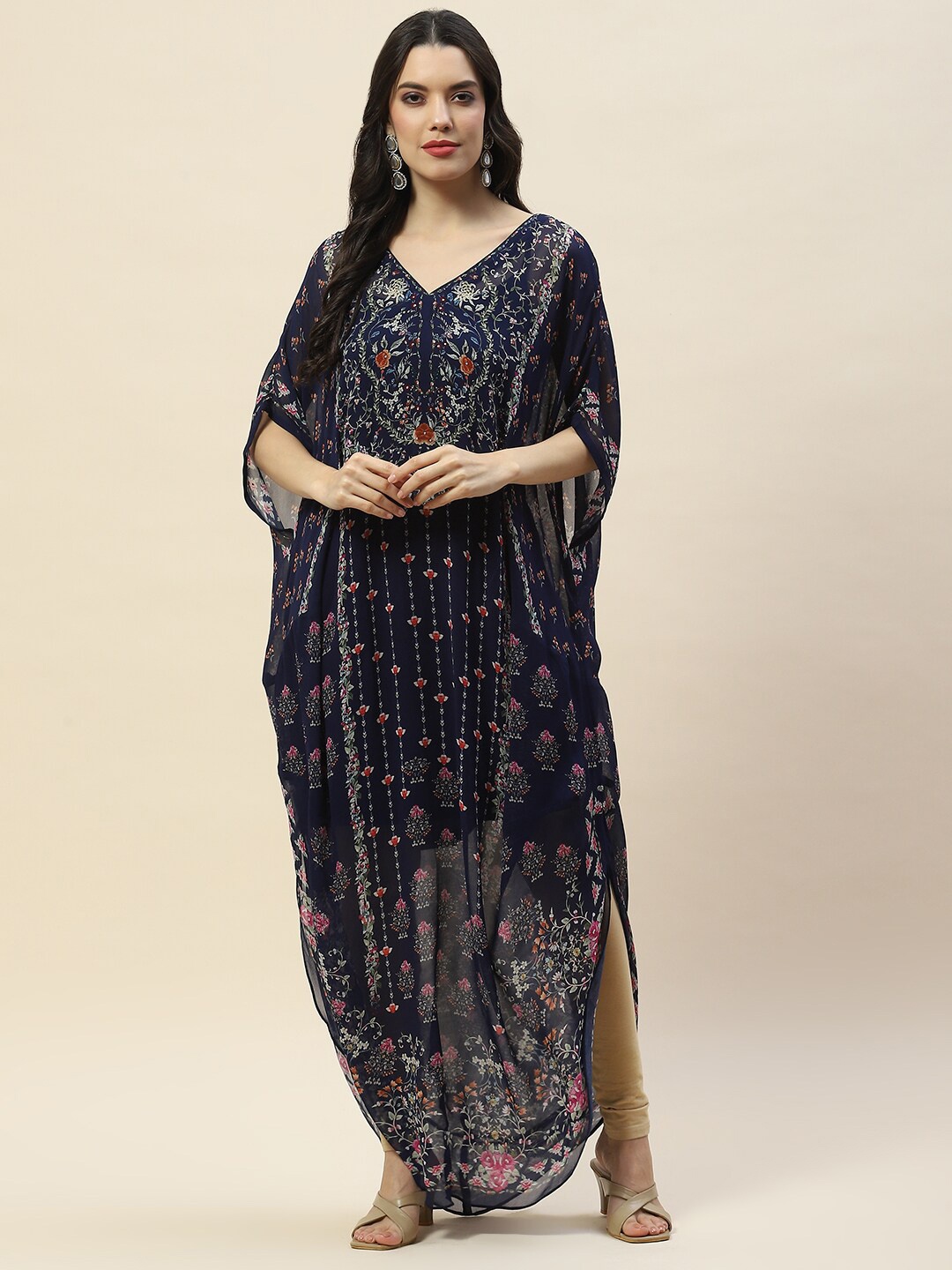 

Meena Bazaar Floral Printed V-Neck Flared Sleeves Georgette Kaftan Kurta With Inner, Blue