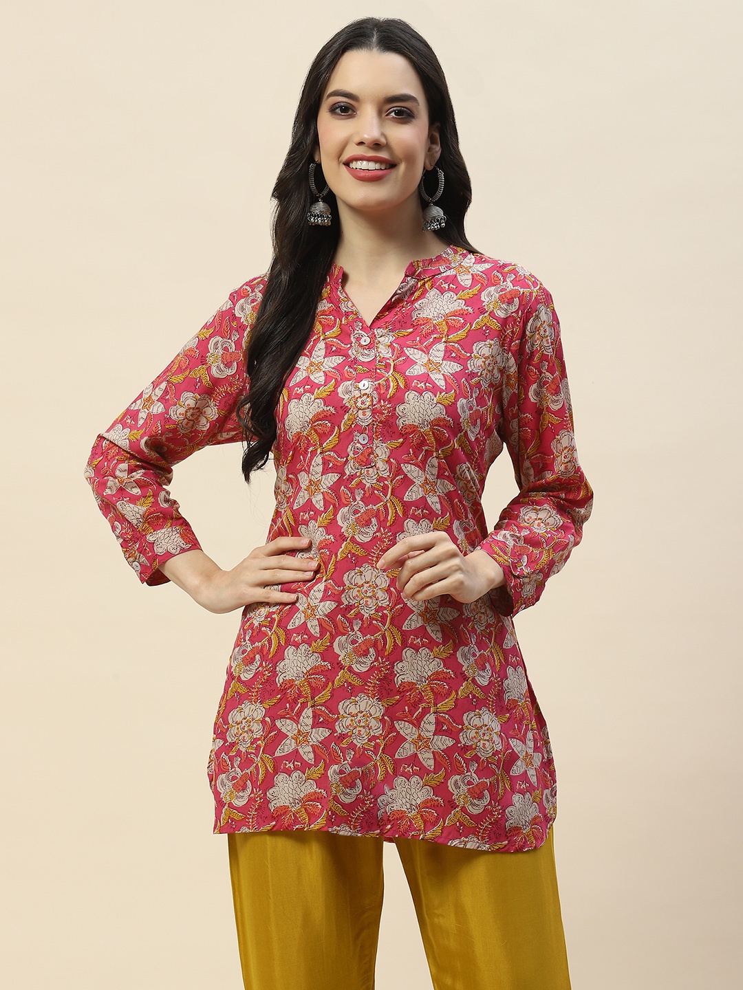 

Meena Bazaar Floral Printed Mandarin Collar Cotton Straight Kurti, Pink