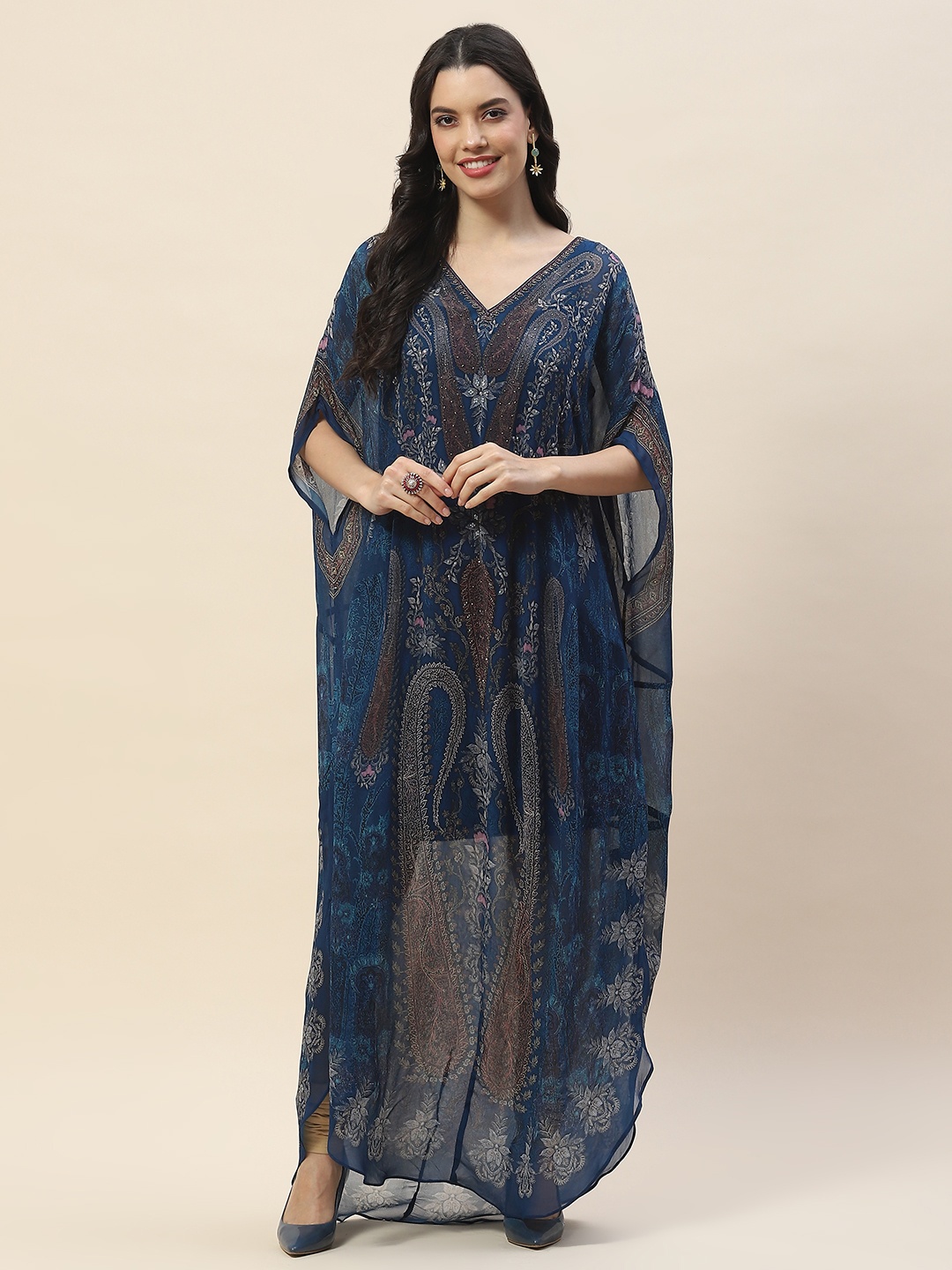

Meena Bazaar Ethnic motif Printed V Neck Short Flared Sleeves Kaftan Kurta, Blue