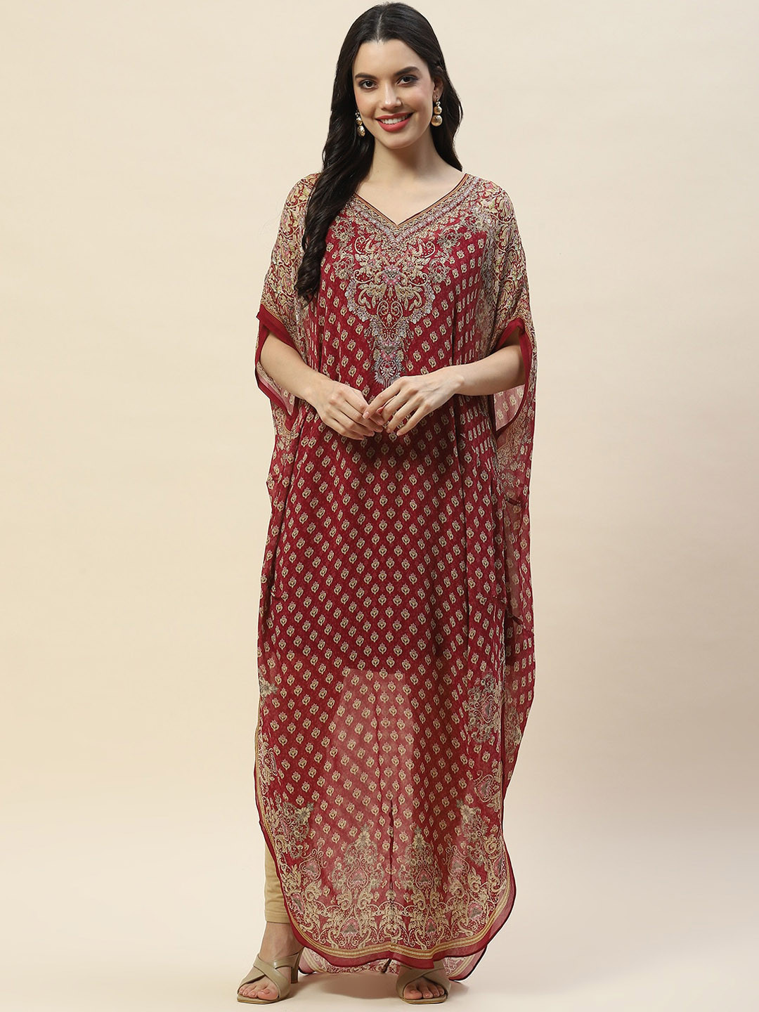 

Meena Bazaar Ethnic Motifs Printed Kaftan Kurta, Red