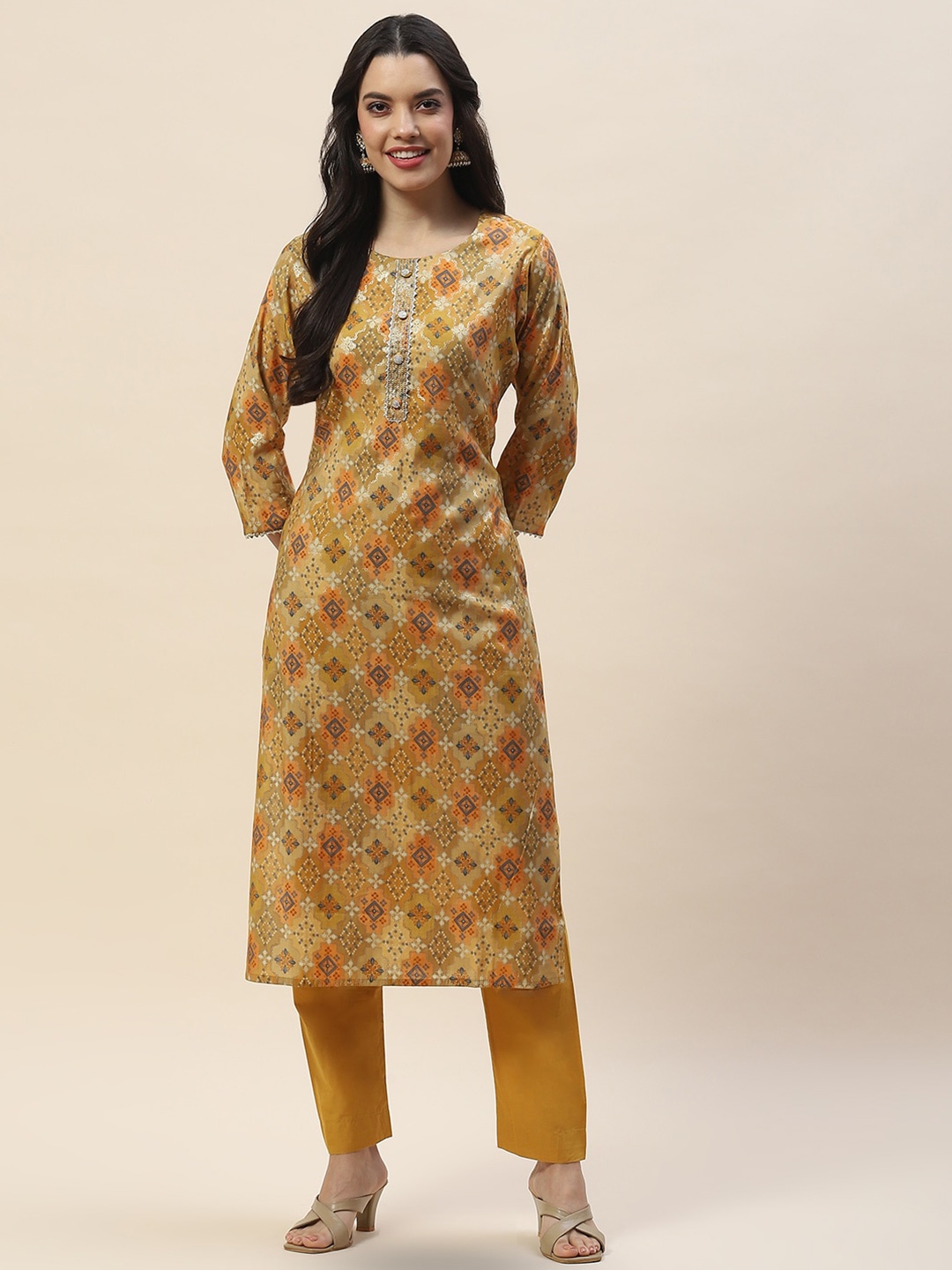 

Meena Bazaar Ethnic Motifs Printed Kurta, Mustard