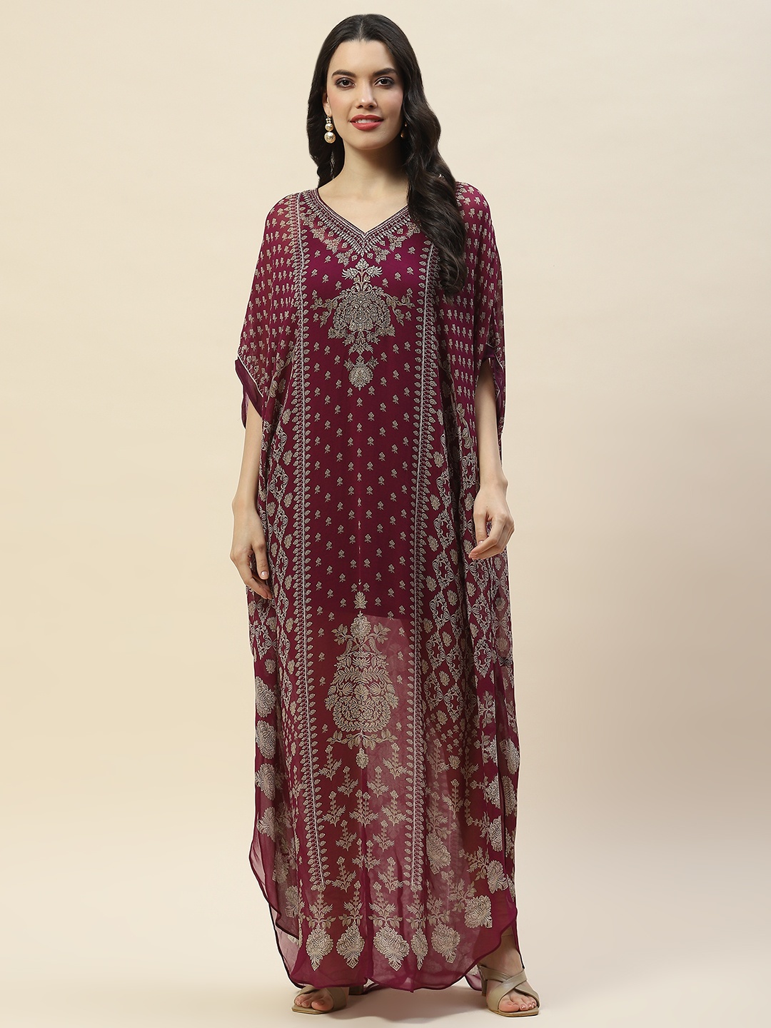 

Meena Bazaar Ethnic Motif Printed V Neck Flared Sleeves Georgette Kaftan Kurta, Purple