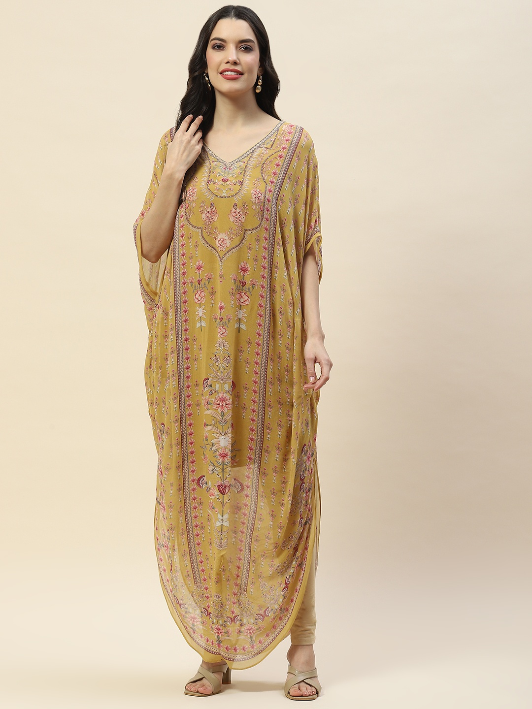 

Meena Bazaar V Neck Geometric Embroidered Flared Sleeves Georgette Kaftan Kurta, Mustard