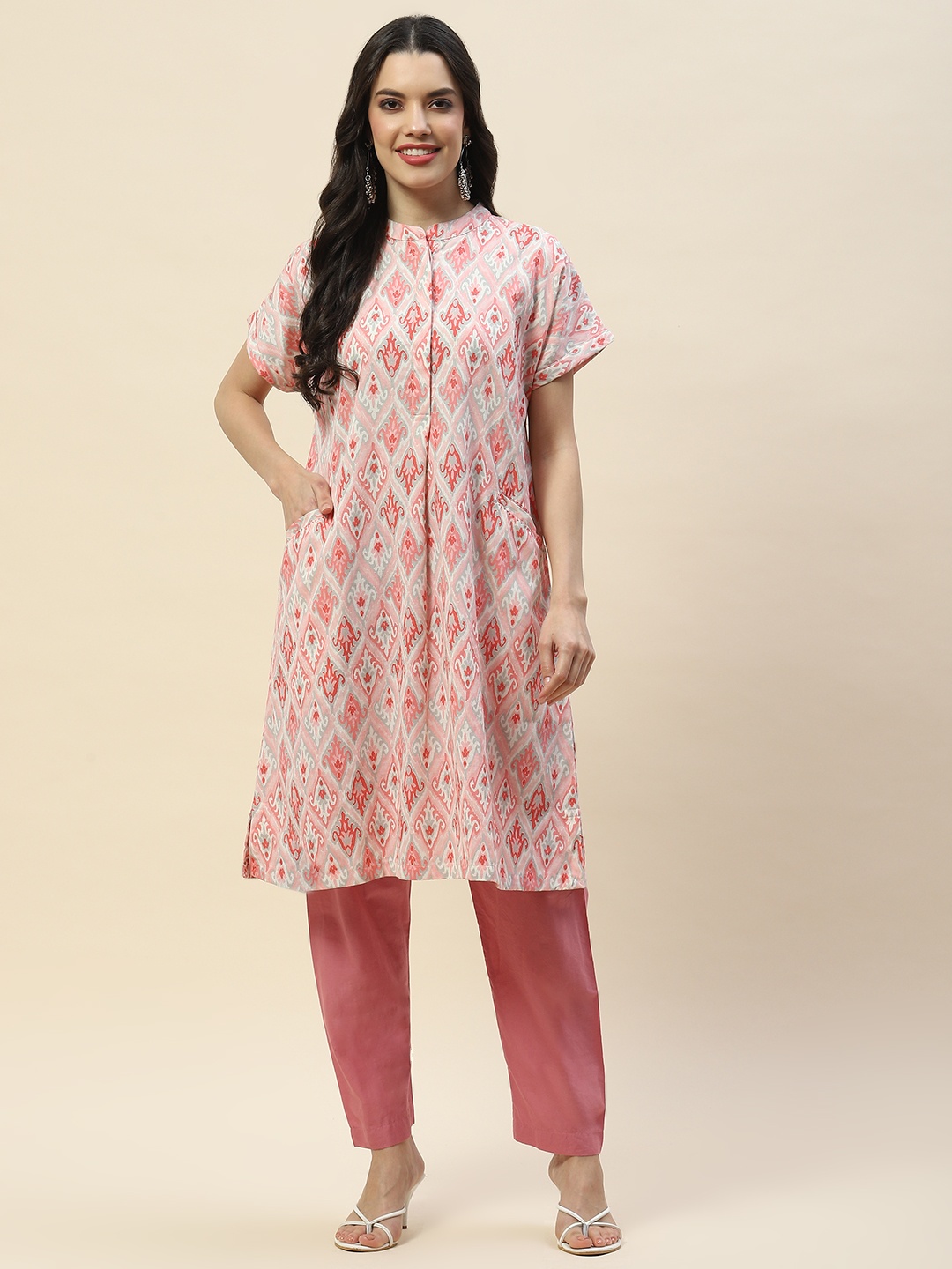 

Meena Bazaar Ethnic Motifs Printed Mandarin Collar Cotton A-Line Kurta, Pink