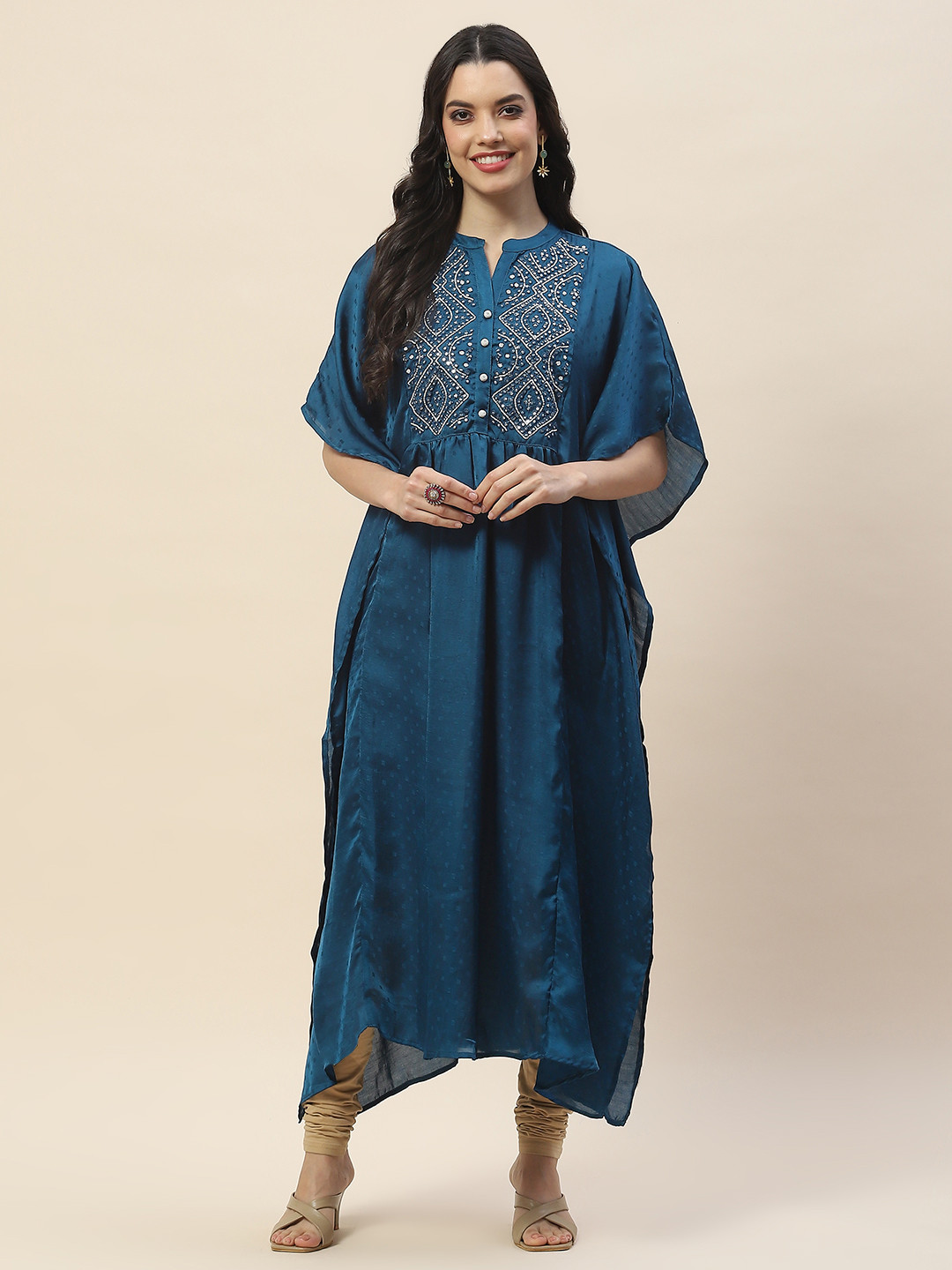 

Meena Bazaar Mandarin Collar Short Flared Sleeves Thread Work Kaftan Kurta, Teal