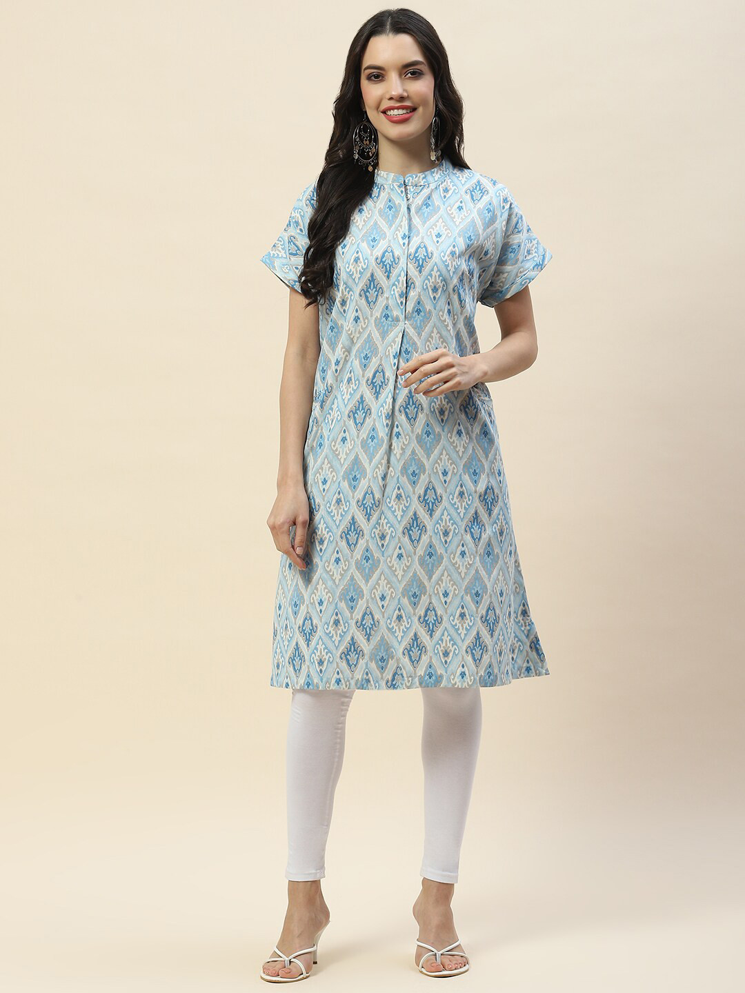 

Meena Bazaar Ethnic Motifs Printed Mandarin Collar Cotton A-Line Kurta, Blue