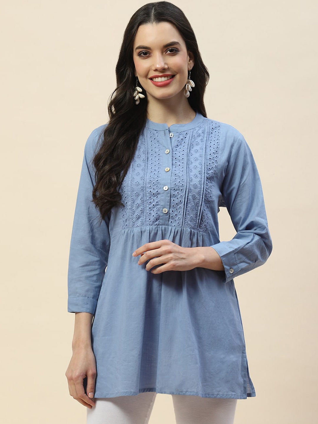 

Meena Bazaar Mandarin Collar Pure Cotton A-Line Kurti, Blue
