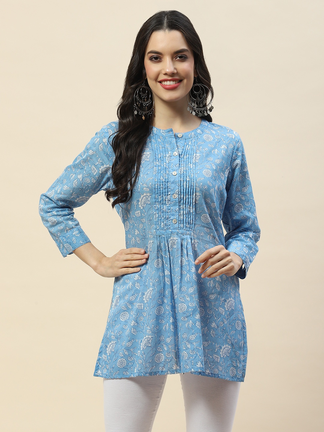 

Meena Bazaar Mandarin Collar Floral Printed Cotton Kurta, Blue