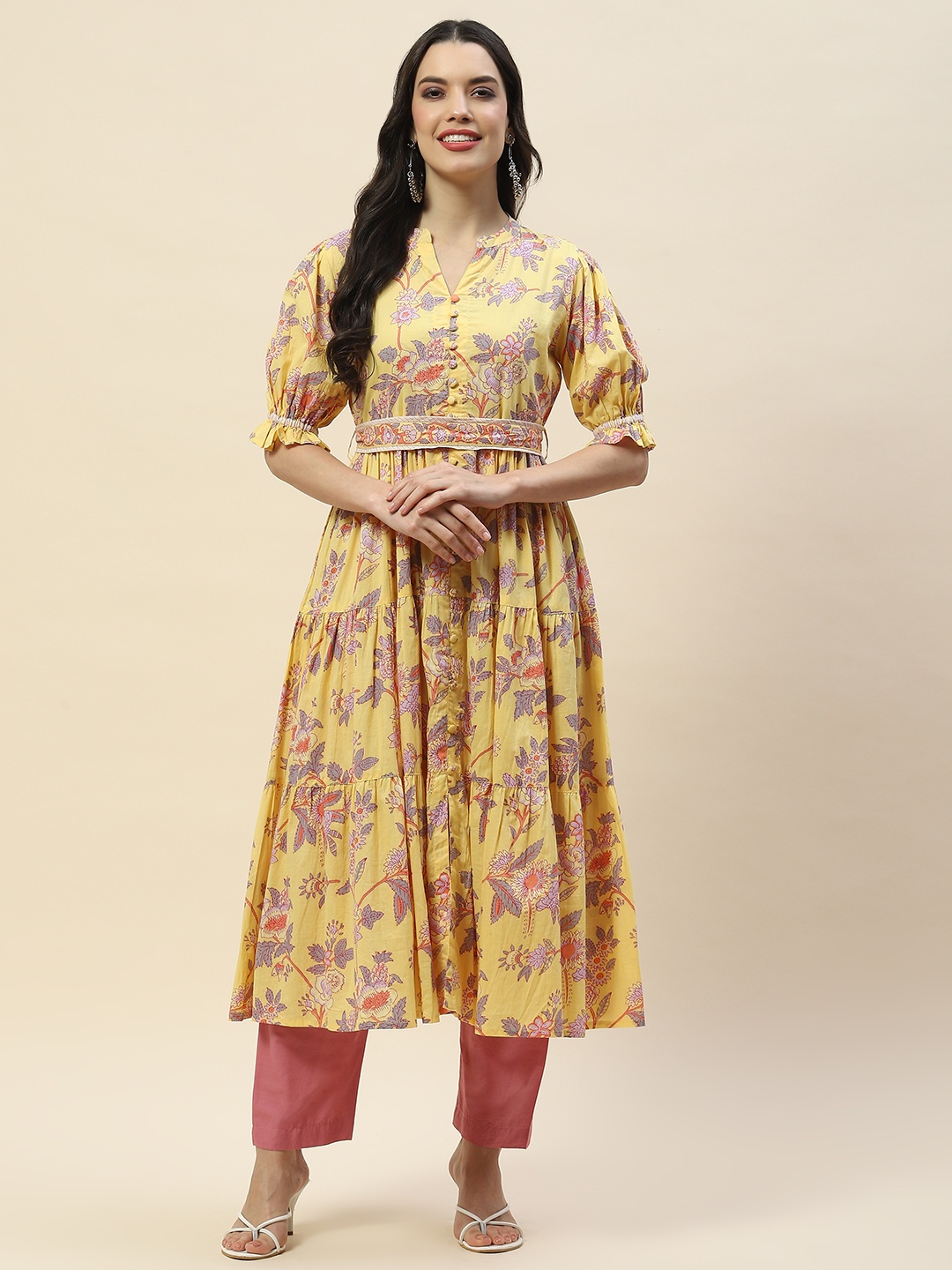 

Meena Bazaar Floral Printed Mandarin Collar Short Puff Sleeves Anarkali Kurta, Mustard