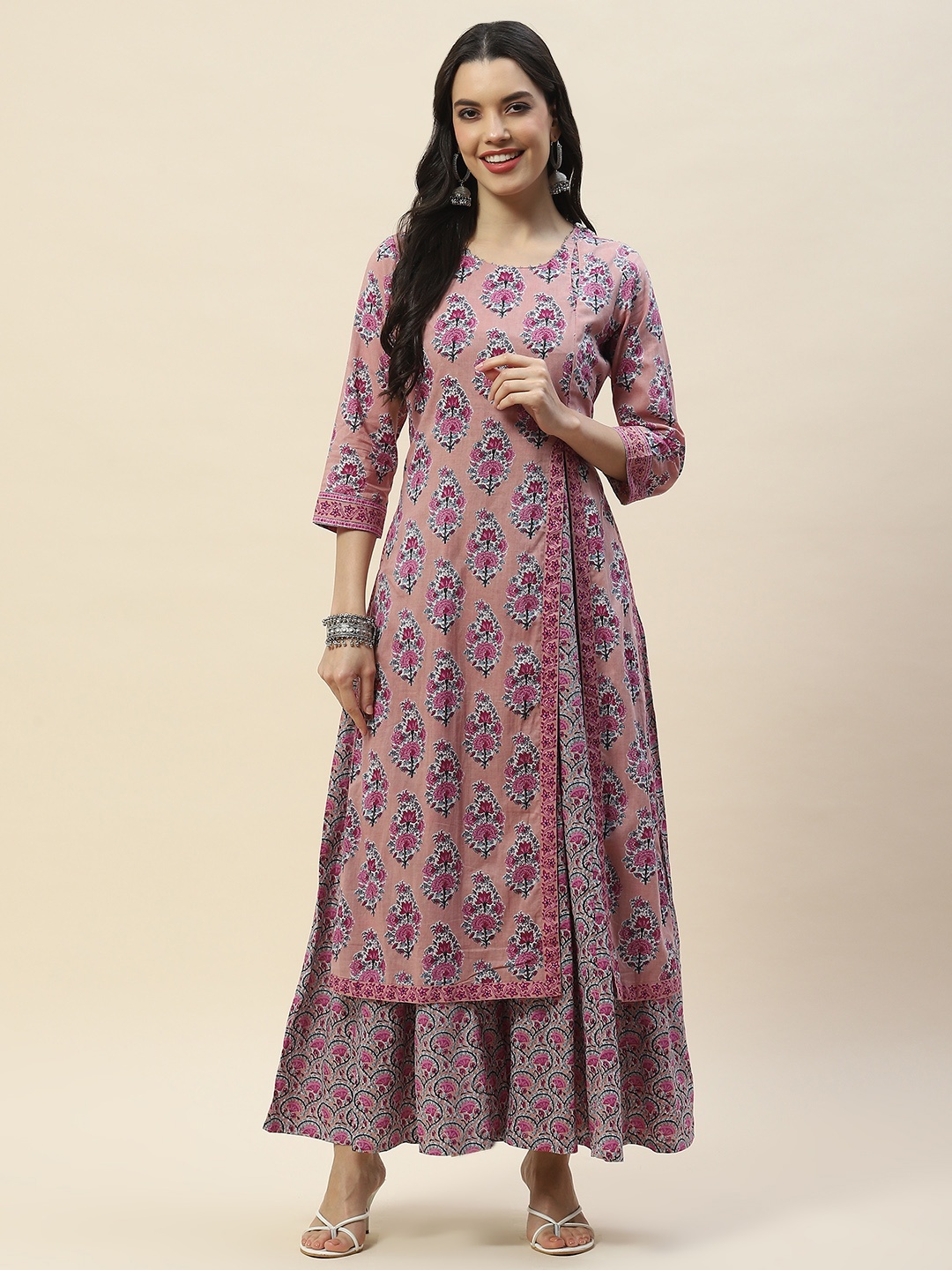 

Meena Bazaar Floral Printed Round Neck Cotton A-Line Kurta, Pink