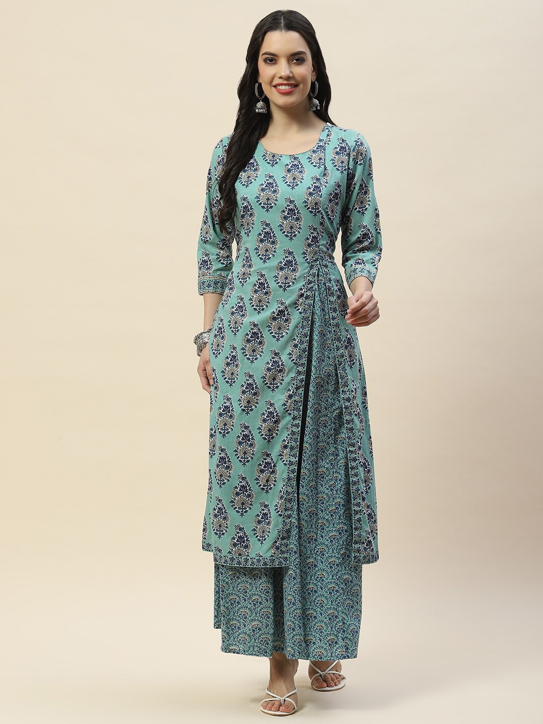 

Meena Bazaar Floral Printed Round Neck Cotton A-Line Kurta, Sea green