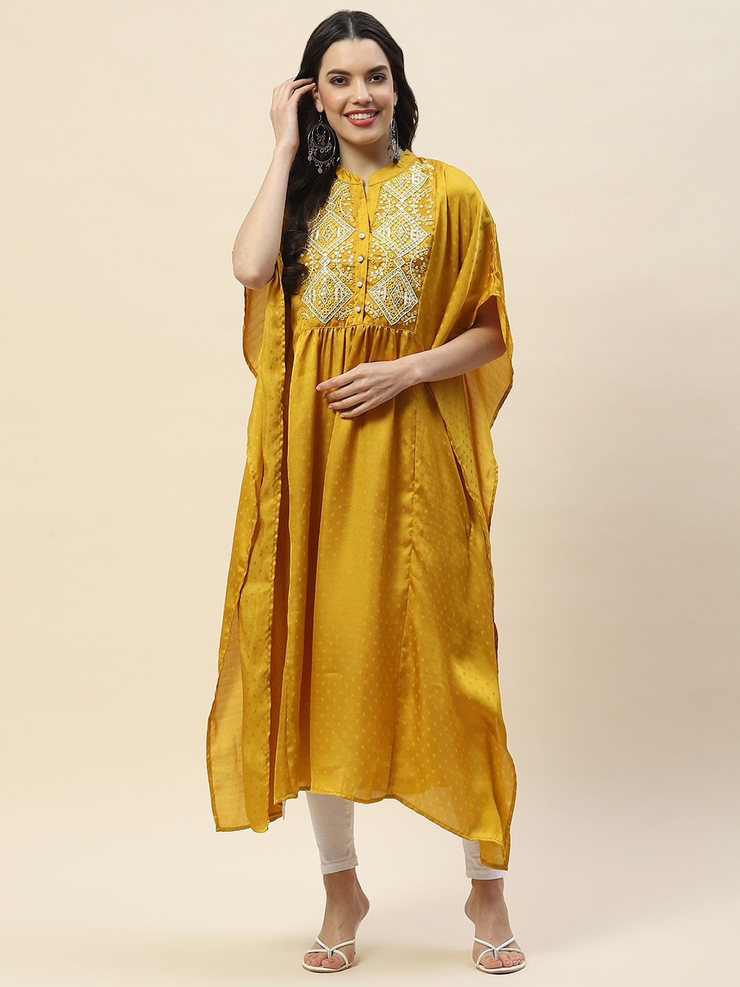 

Meena Bazaar Mandarin Collar Short Flared Sleeves Thread Work Kaftan Kurta, Mustard