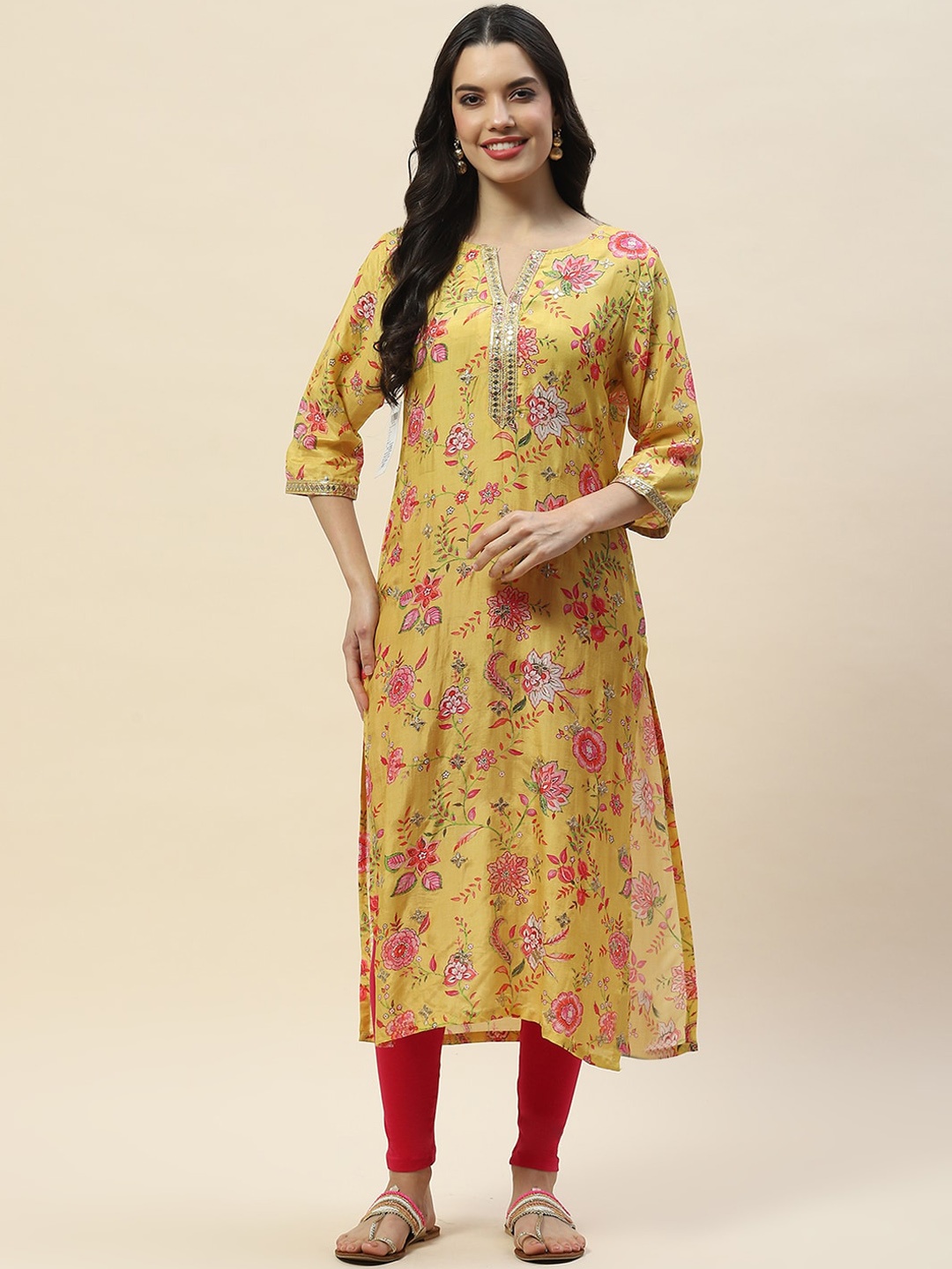 

Meena Bazaar Floral Printed Round Neck Mirror Work Straight Kurta, Yellow