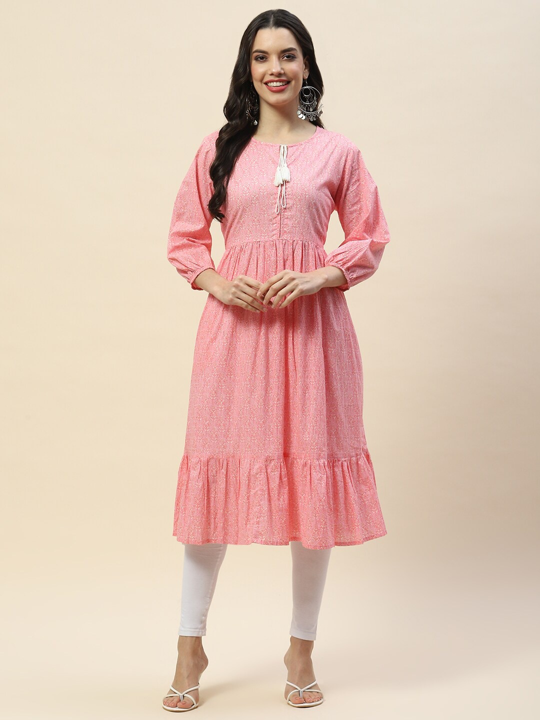 

Meena Bazaar Floral Printed Keyhole Neck Cotton Tiered A-Line Kurta, Pink