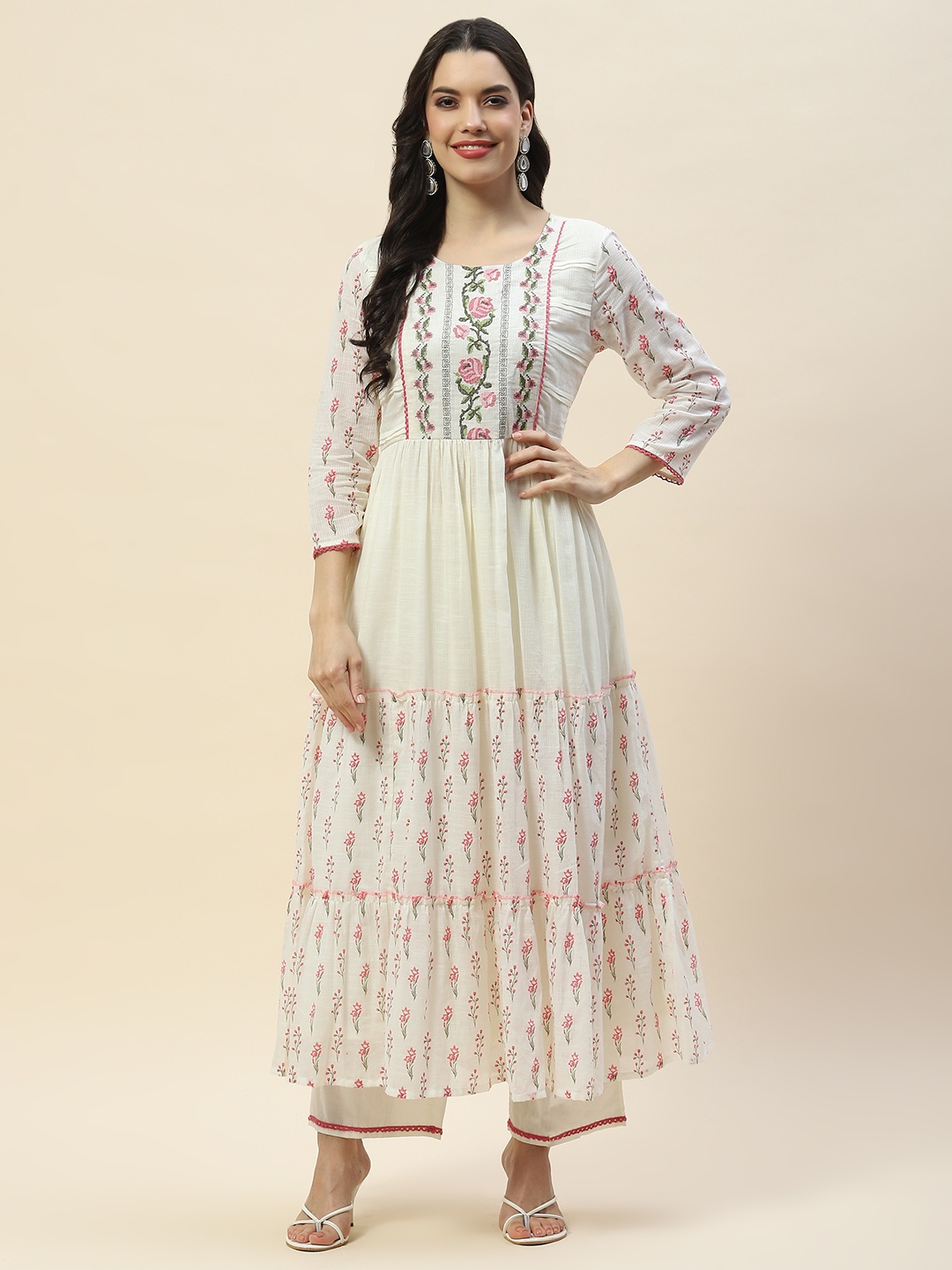 

Meena Bazaar Ethnic Motifs Printed Round Neck Cotton Tiered Anarkali Kurta, Cream