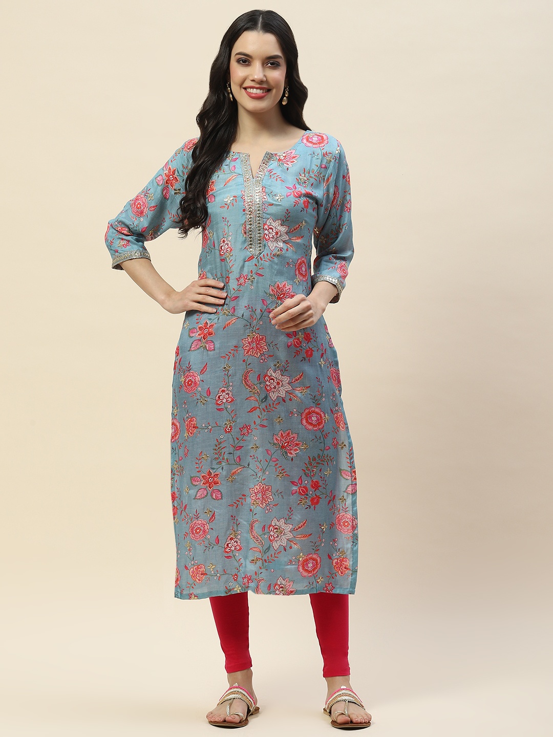

Meena Bazaar Notch Neck Floral Printed Gotta Patti Straight Kurta, Blue