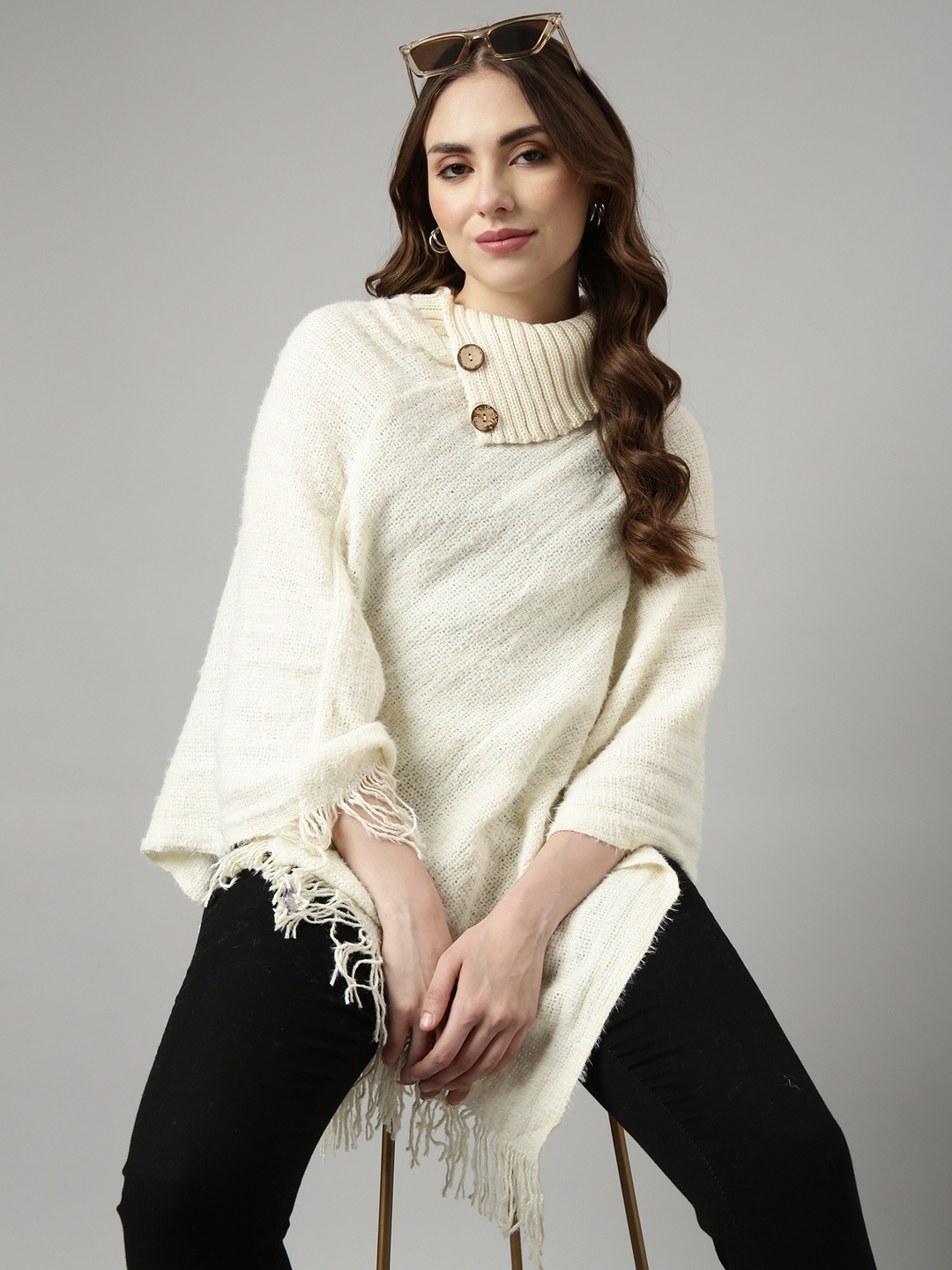 

SHOWOFF Self Design Turtle Neck Acrylic Longline Poncho, Off white