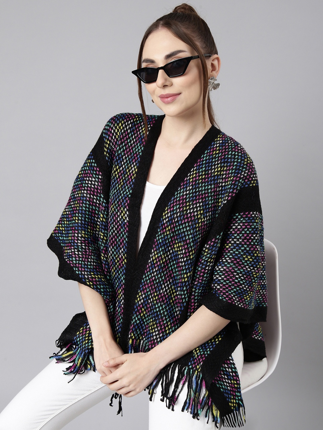 

SHOWOFF Self Design Three-Quarter Sleeves Longline Poncho, Black