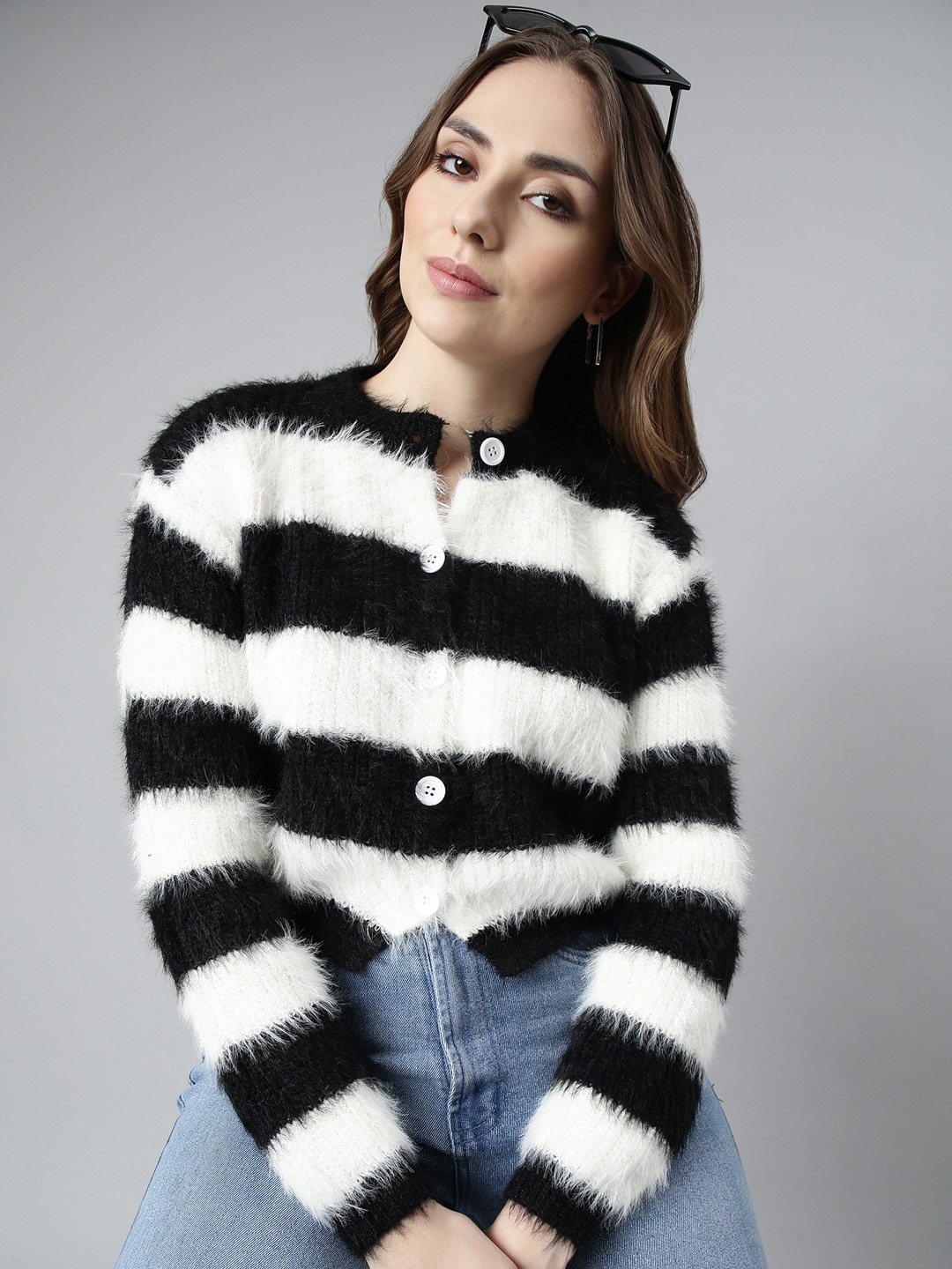 

SHOWOFF Striped Crop Cardigan, Black