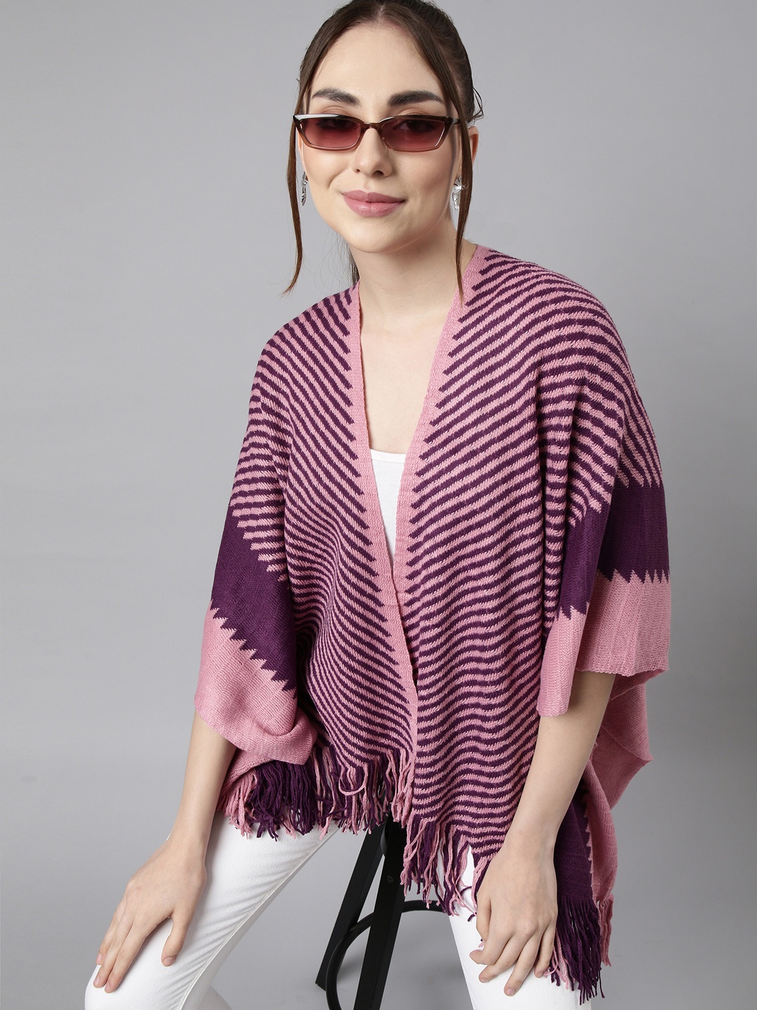 

SHOWOFF Striped Shawl Collar Three-Quarter Sleeves Longline Poncho With Fringed Sweater, Purple