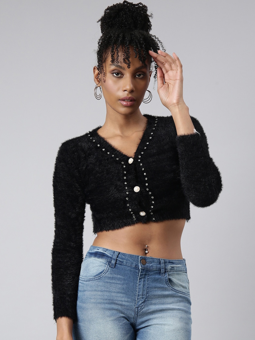 

SHOWOFF Acrylic Crop Cardigan With Embellished Detail, Black