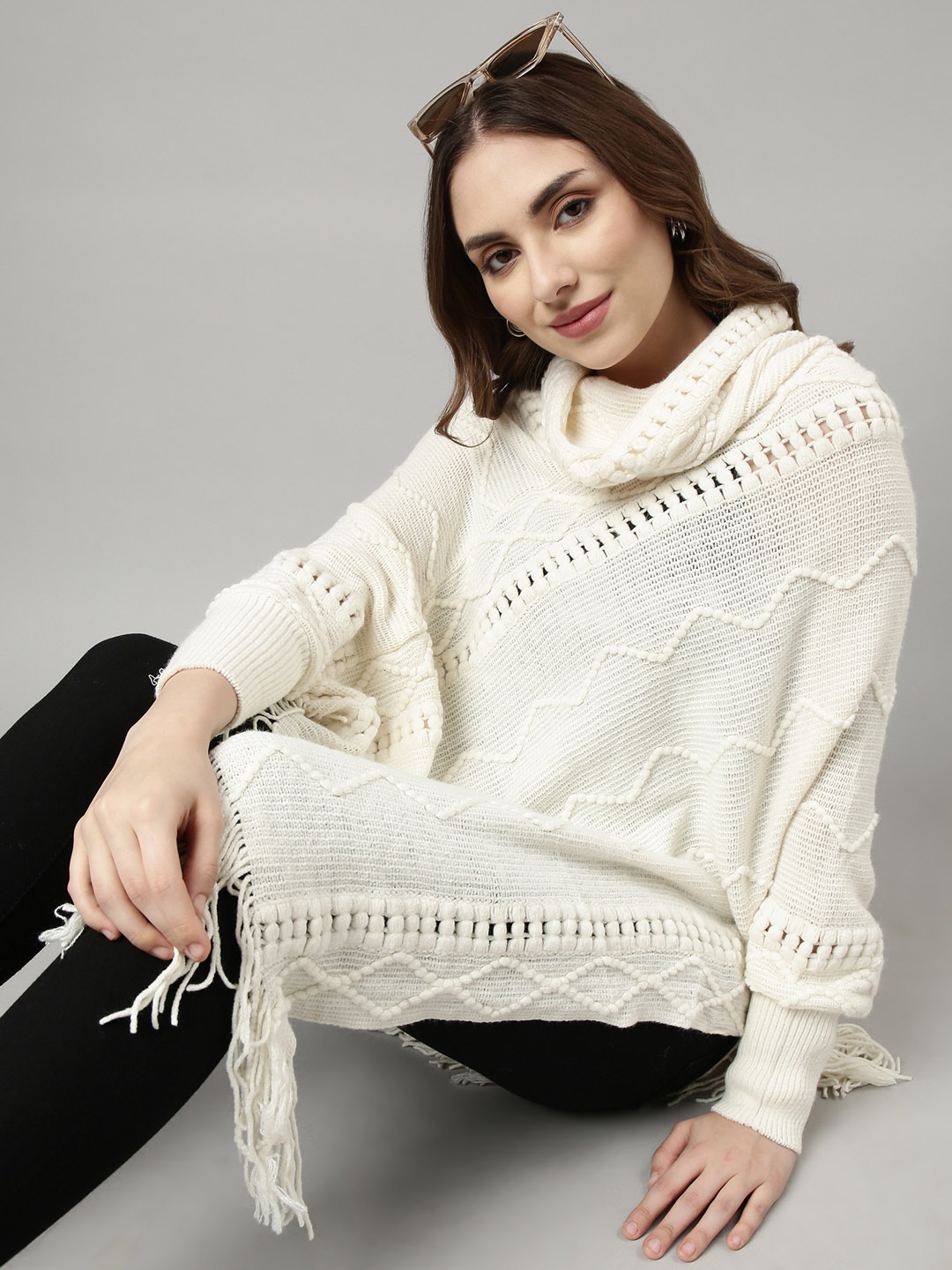 

SHOWOFF Cable Knit Chevron Turtle Neck Acrylic Longline Poncho, Off white