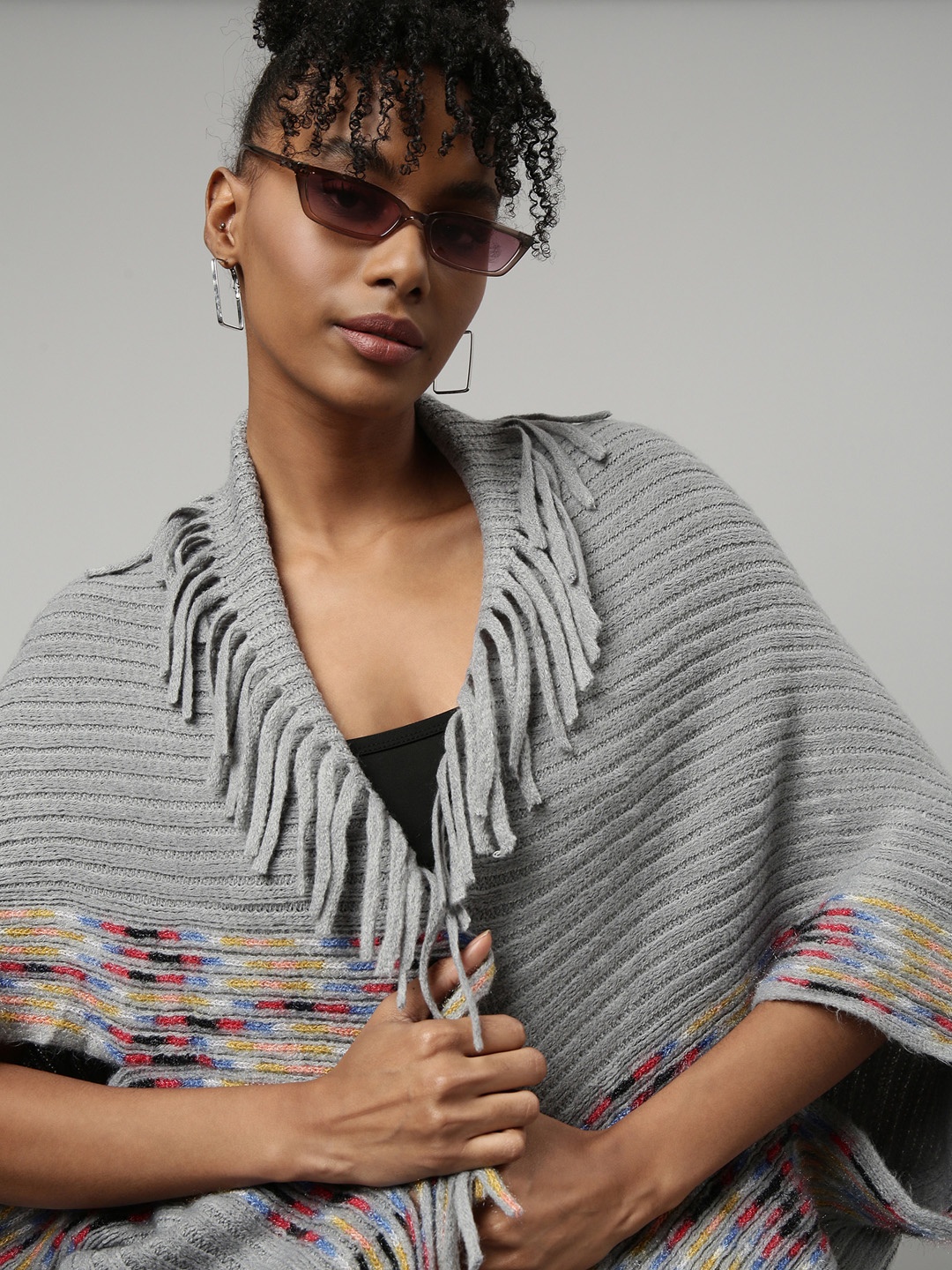 

SHOWOFF Striped Acrylic Longline Poncho With Fringed Detail, Grey