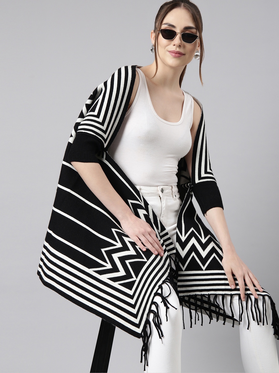 

SHOWOFF Striped Shawl Collar Three-Quarter Sleeves Longline Poncho With Fringed Sweater, Black