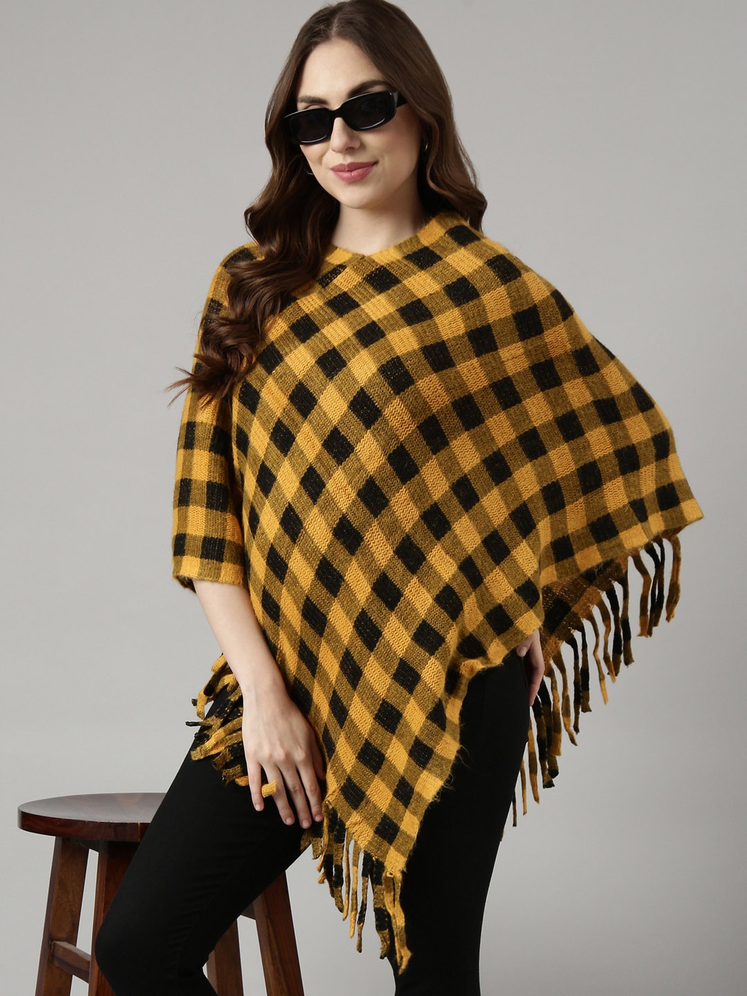 

SHOWOFF V-Neck Three-Quarter Sleeves Checked Longline Poncho with Fringed Detail, Yellow