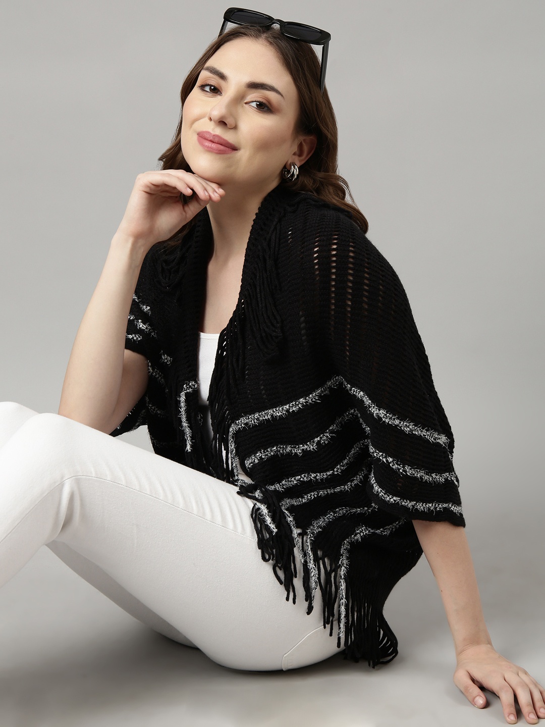 

SHOWOFF Striped Shawl Collar Three-Quarter Sleeves Poncho with Fringed Sweater, Black