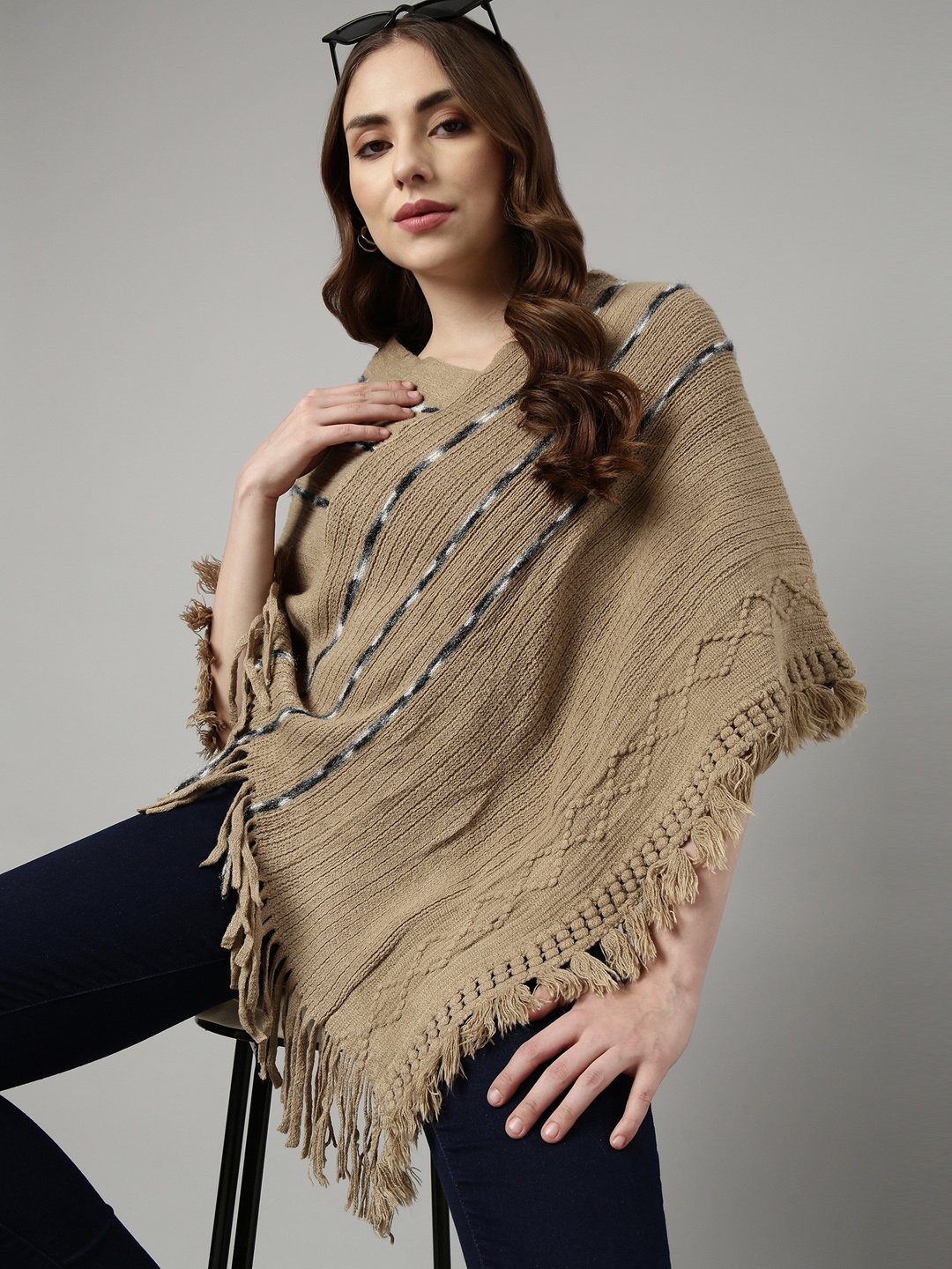 

SHOWOFF Striped Acrylic Longline Poncho With Fringed Detail, Khaki