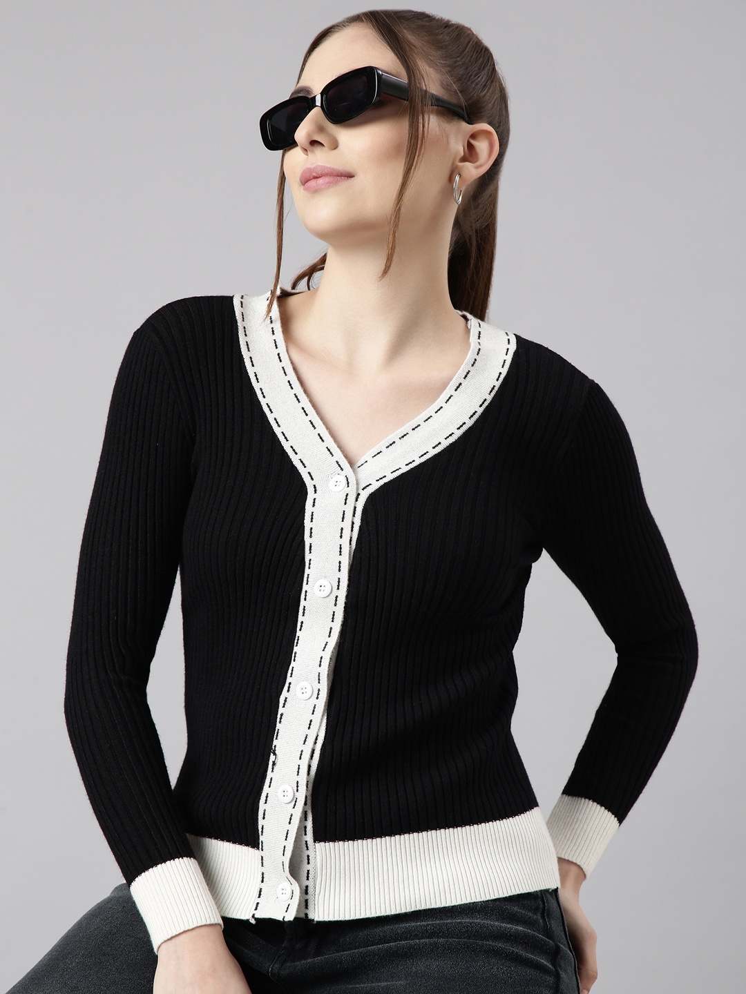 

SHOWOFF Colourblocked V-Neck Acrylic Cardigan, Black