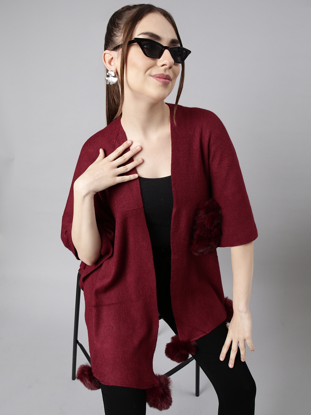 

SHOWOFF Shawl Collar Three-Quarter Sleeves Regular Longline Poncho Sweater, Maroon