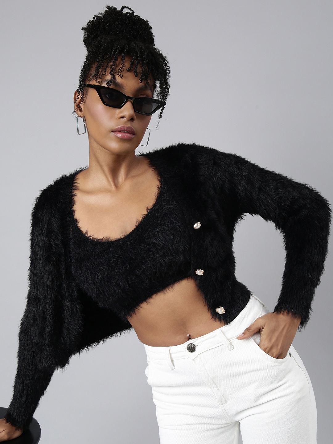

SHOWOFF Long Sleeves V-Neck Crop Cardigan with Fuzzy Sweater, Black