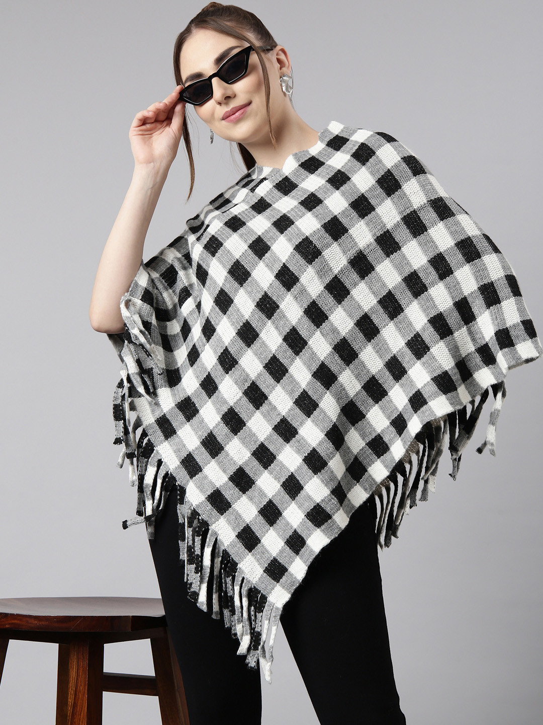 

SHOWOFF Checked Longline Poncho, Grey